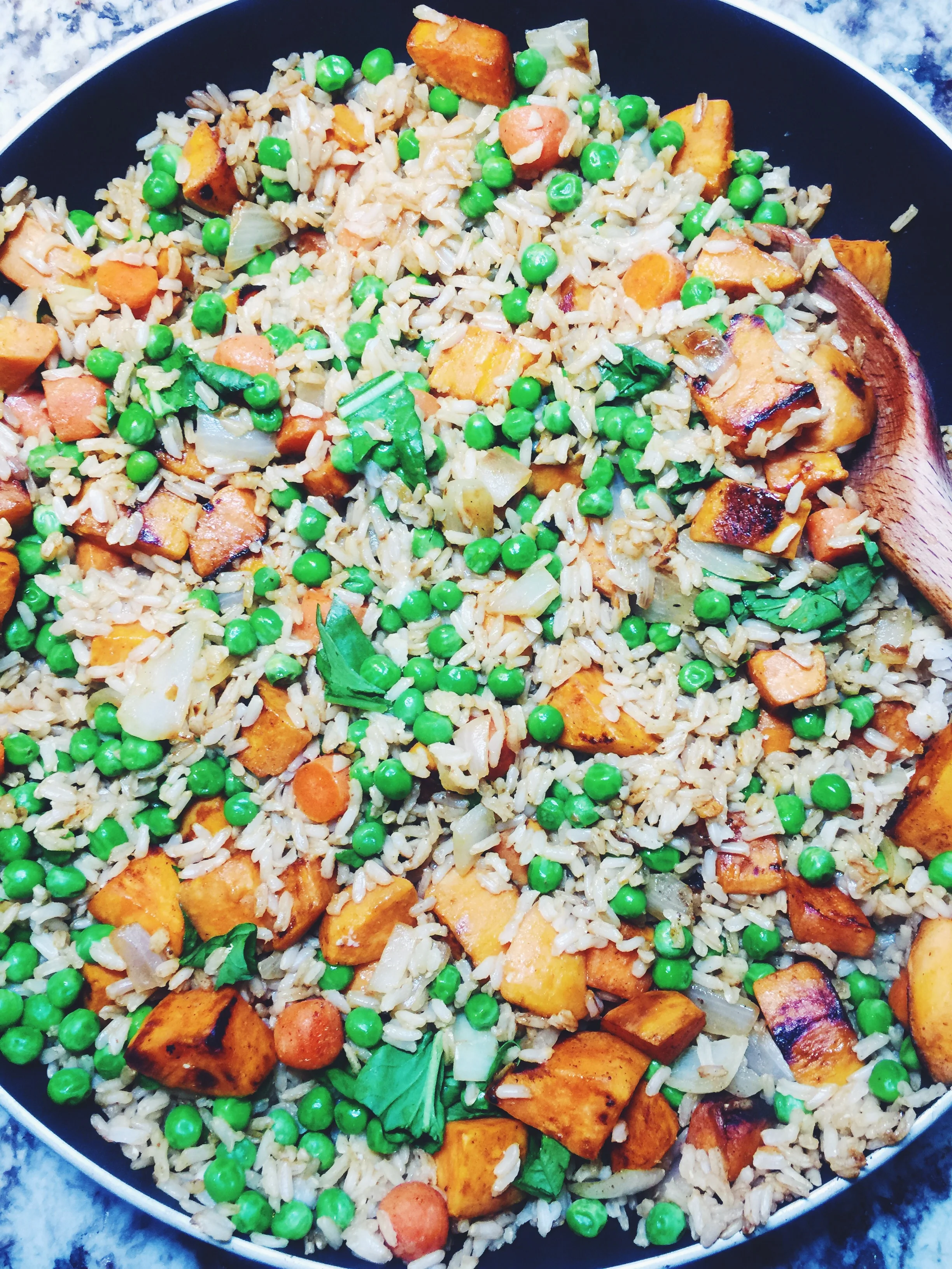 healthy sweet potato and pea fried rice