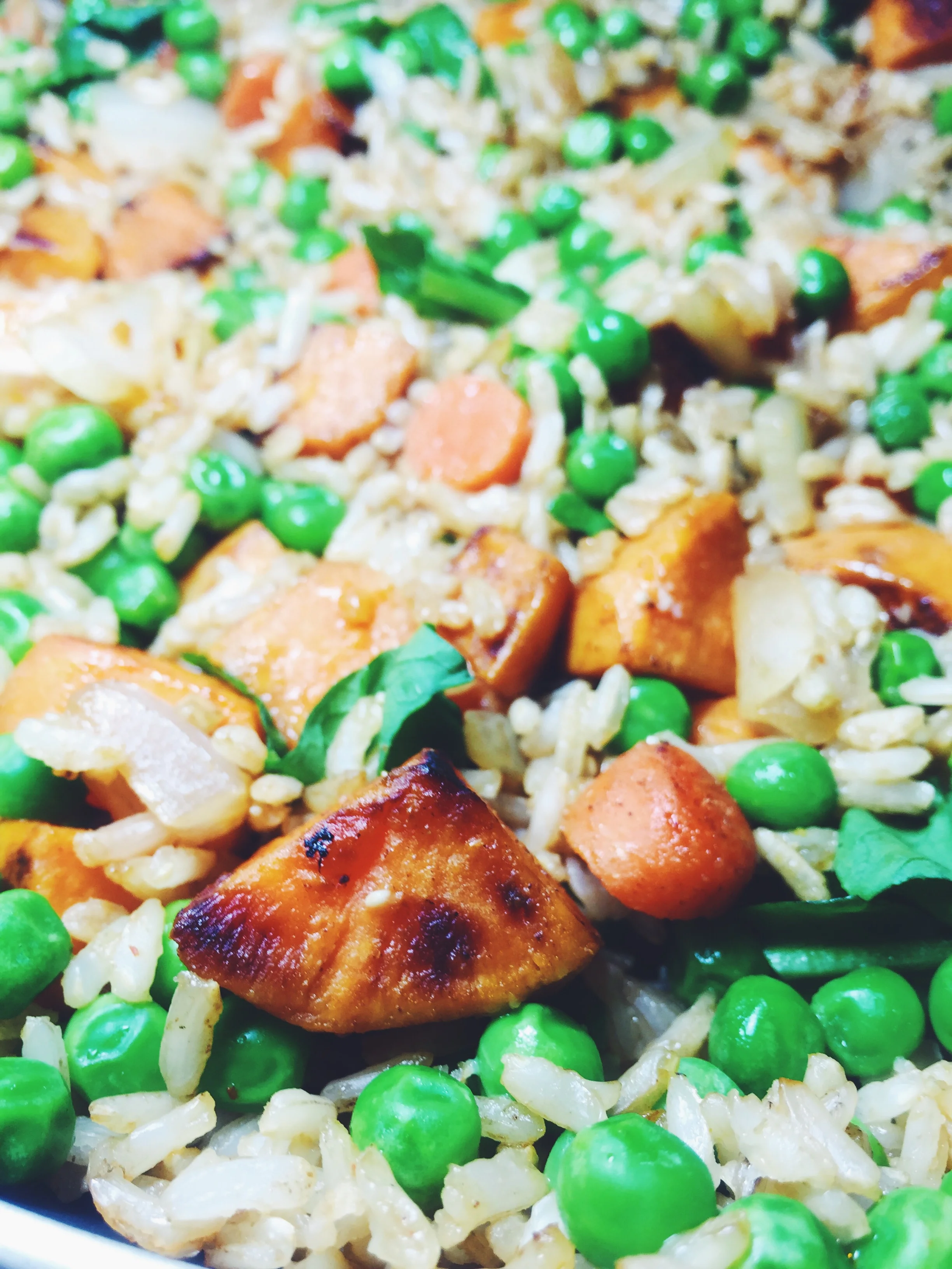 healthy sweet potato and pea fried rice