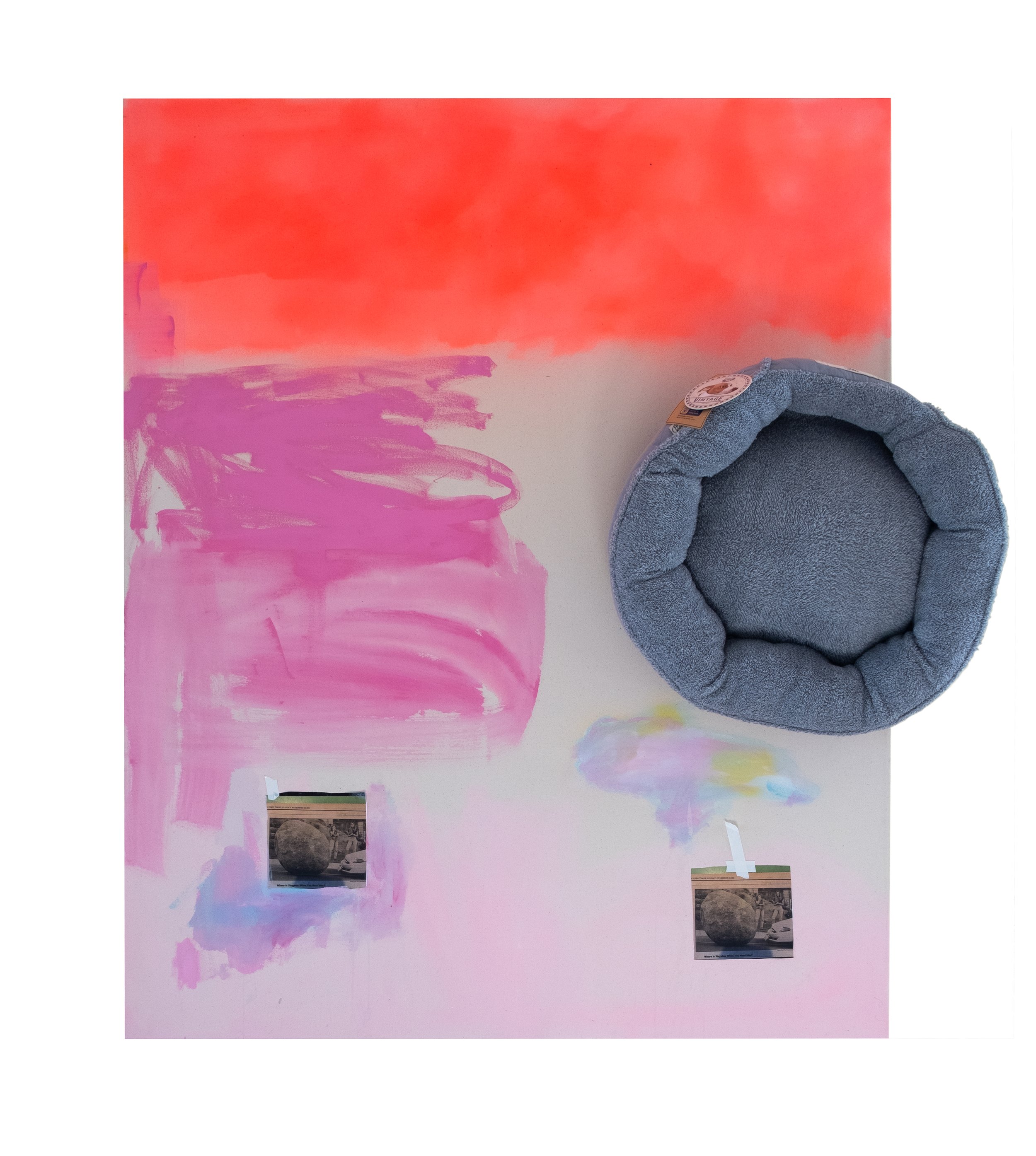  Where is Sisyphus when you need him?, 70 x 48 inches, acrylic, collage, dog bed, 2021 