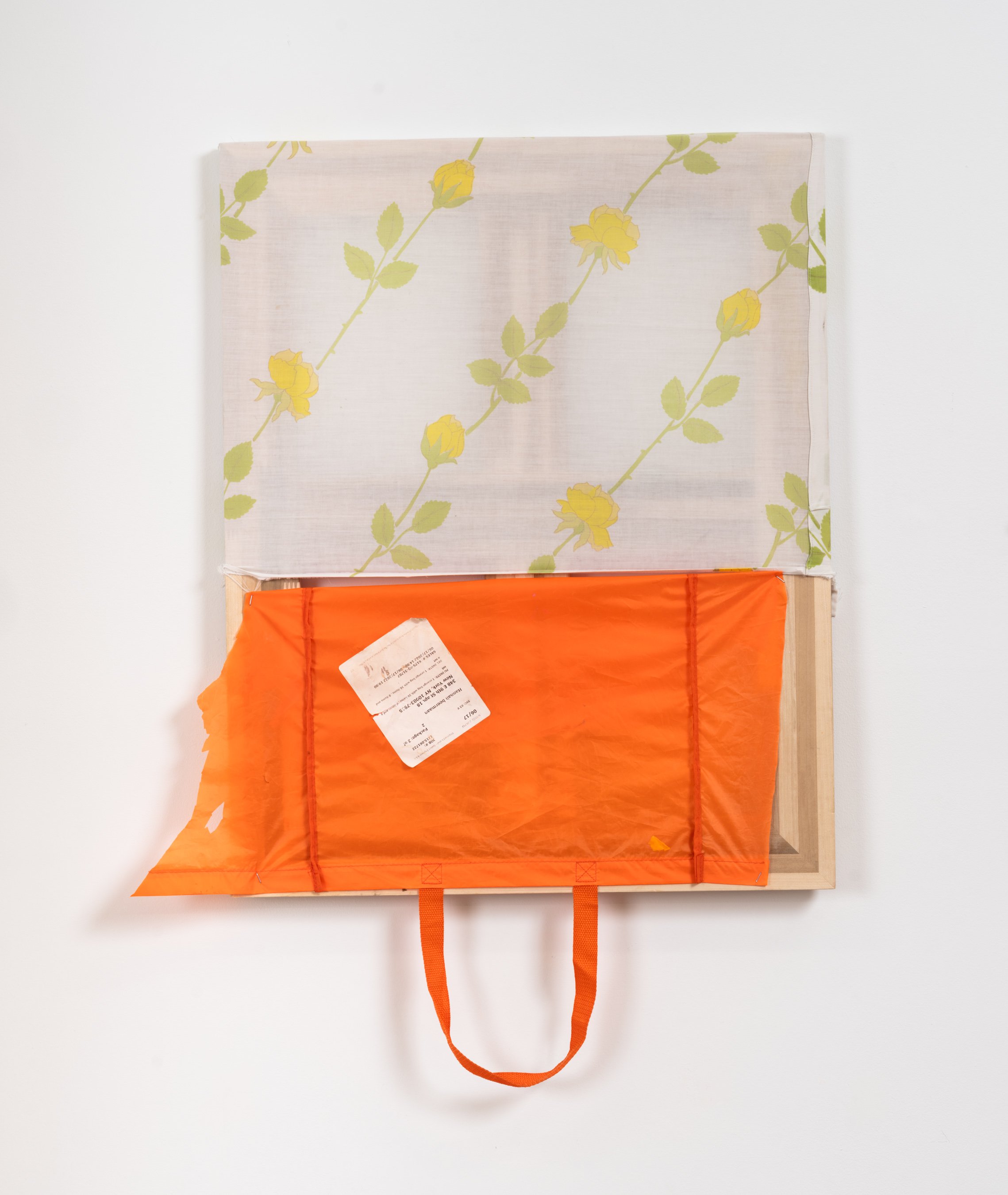  Untitled (pillow cases &amp; Home Depot handles), 2023.   Bed sheet and Home Depot Bag on stretcher. 30 x 24 inches. 