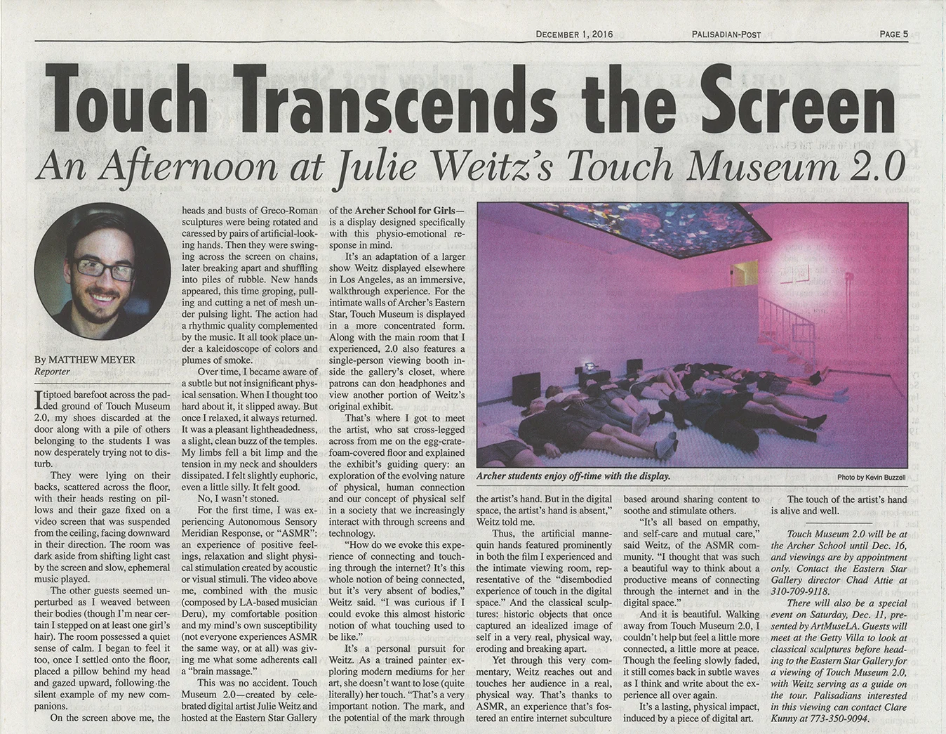 Meyer, Matthew, “Touch Transcends the Screen,” Palisadian-Post, December 1, 2016.