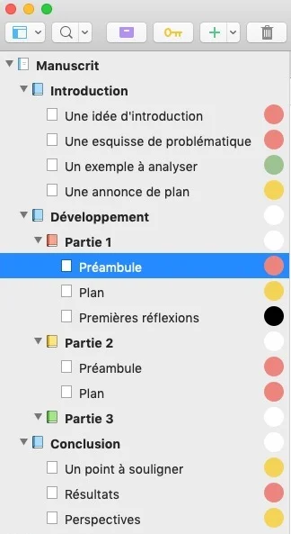 Le classeur de Scrivener et ses étiquettes de couleurs.