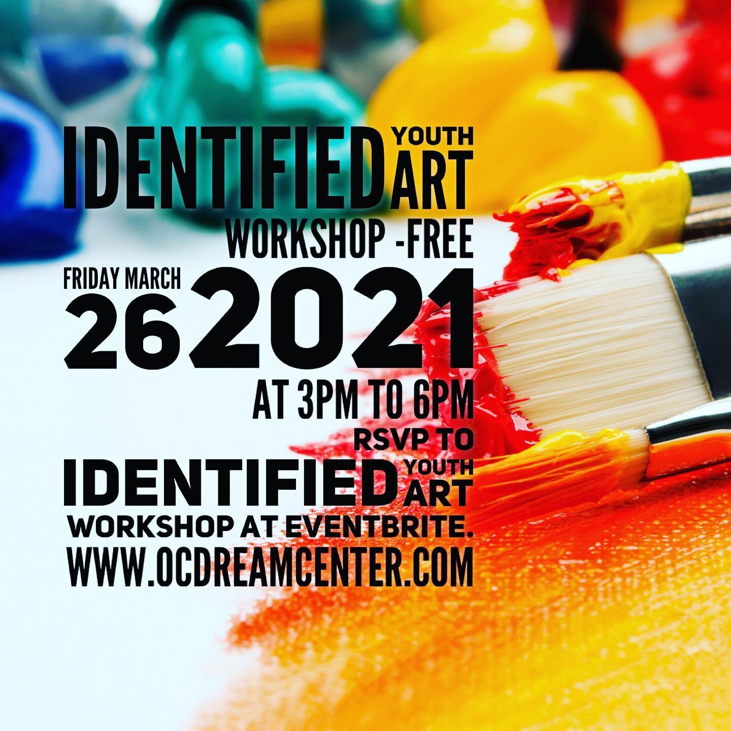 Identified Youth Art Workshop
Friday, March 26, 2021
3:00 PM  6:00 PM
3023 Harbor Boulevard Unit A Costa Mesa, CA, 92626 United States
Artists will be teaching a hands-on art project, and cultivating community and hope for youth across Orange County.