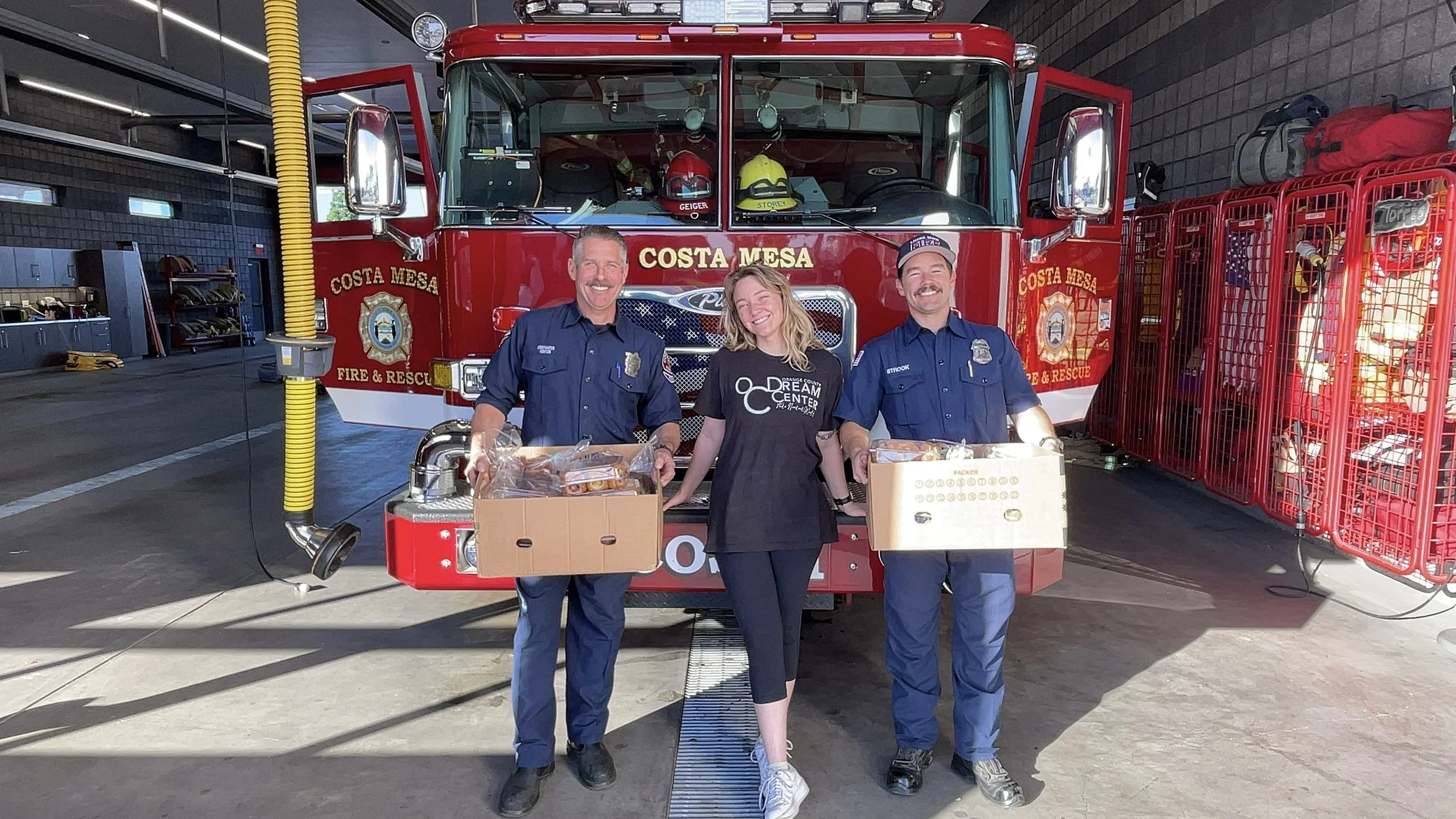 OCDC team dropping off a gratitude gift of baked goods to Costa Mesa firemen for their service in extinguishing the LA fires
