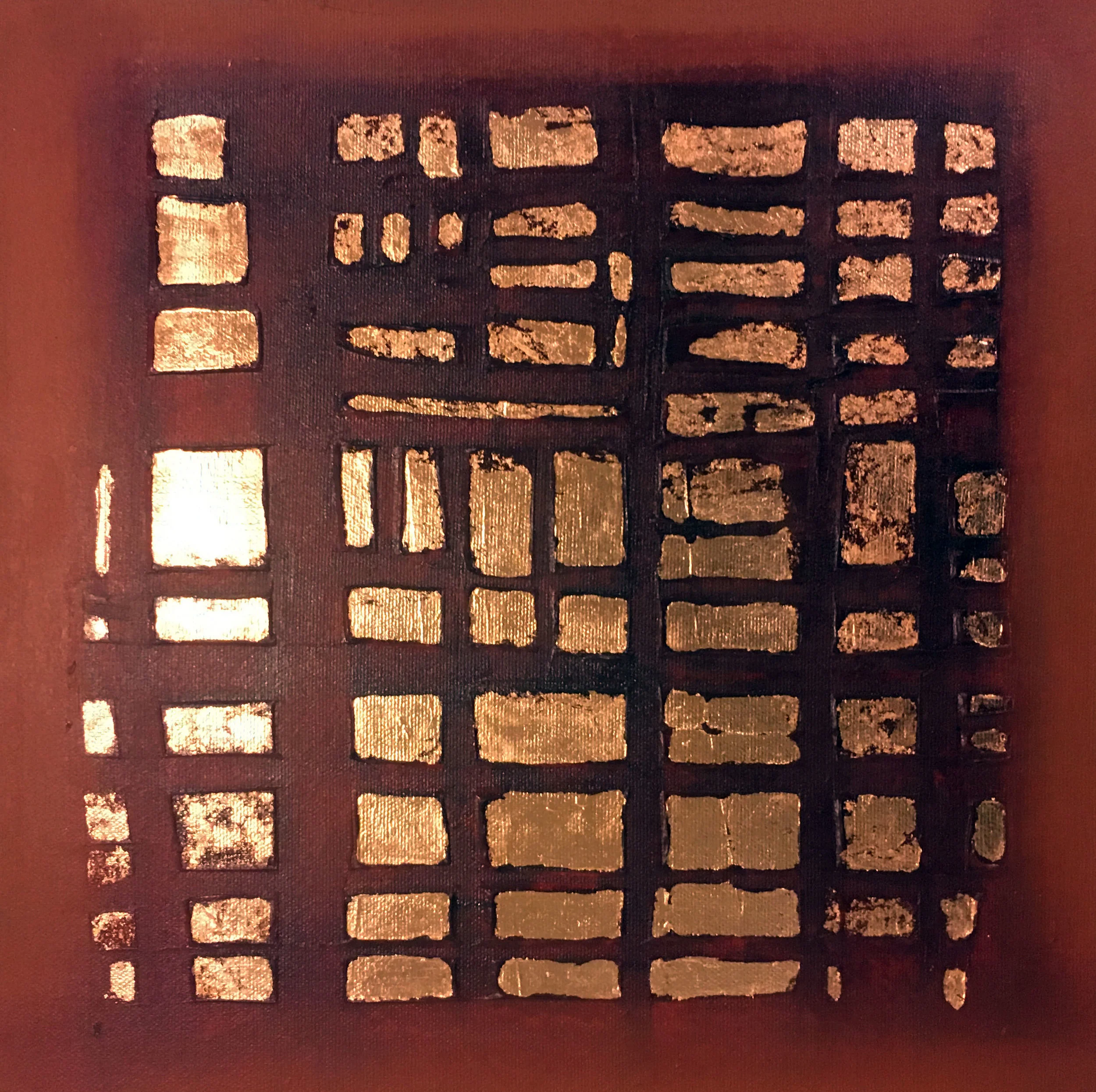SOLD Rust Grid 12 x 12 Acrylic, Mixed Media and Gold Leaf on canvas 