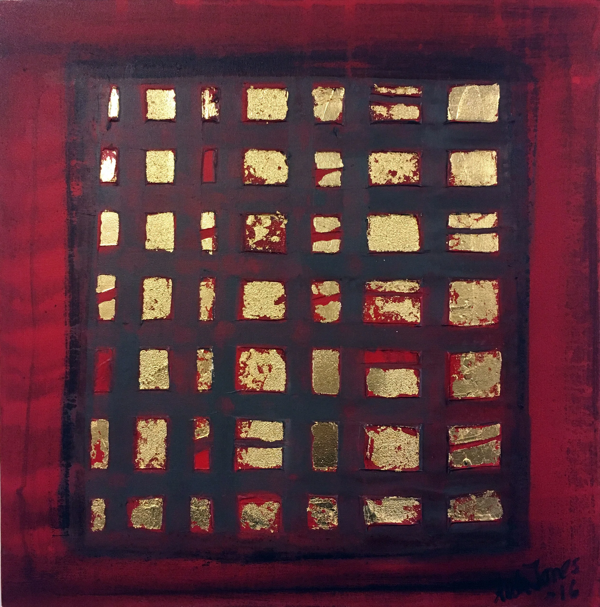 SOLD Red City 18 x 18 Acrylic, Gold Leaf, Mixed Media on Canvas