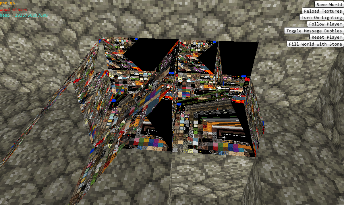 I'm having some problems with getting some custom vertices into the vertex buffer. Also in the middle of added a way for blocks to allocate/store more information than simply the type. I've already implemented a memory arena to handle to the allocations and deallocations (hence the turquoise readout in the top left).