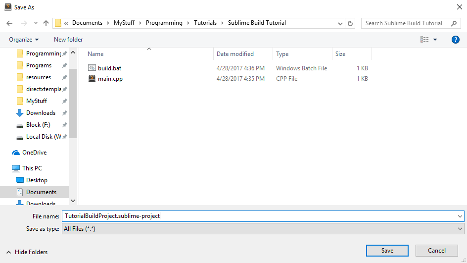 I have a separate folder set aside with the build.bat and main.cpp file in it.