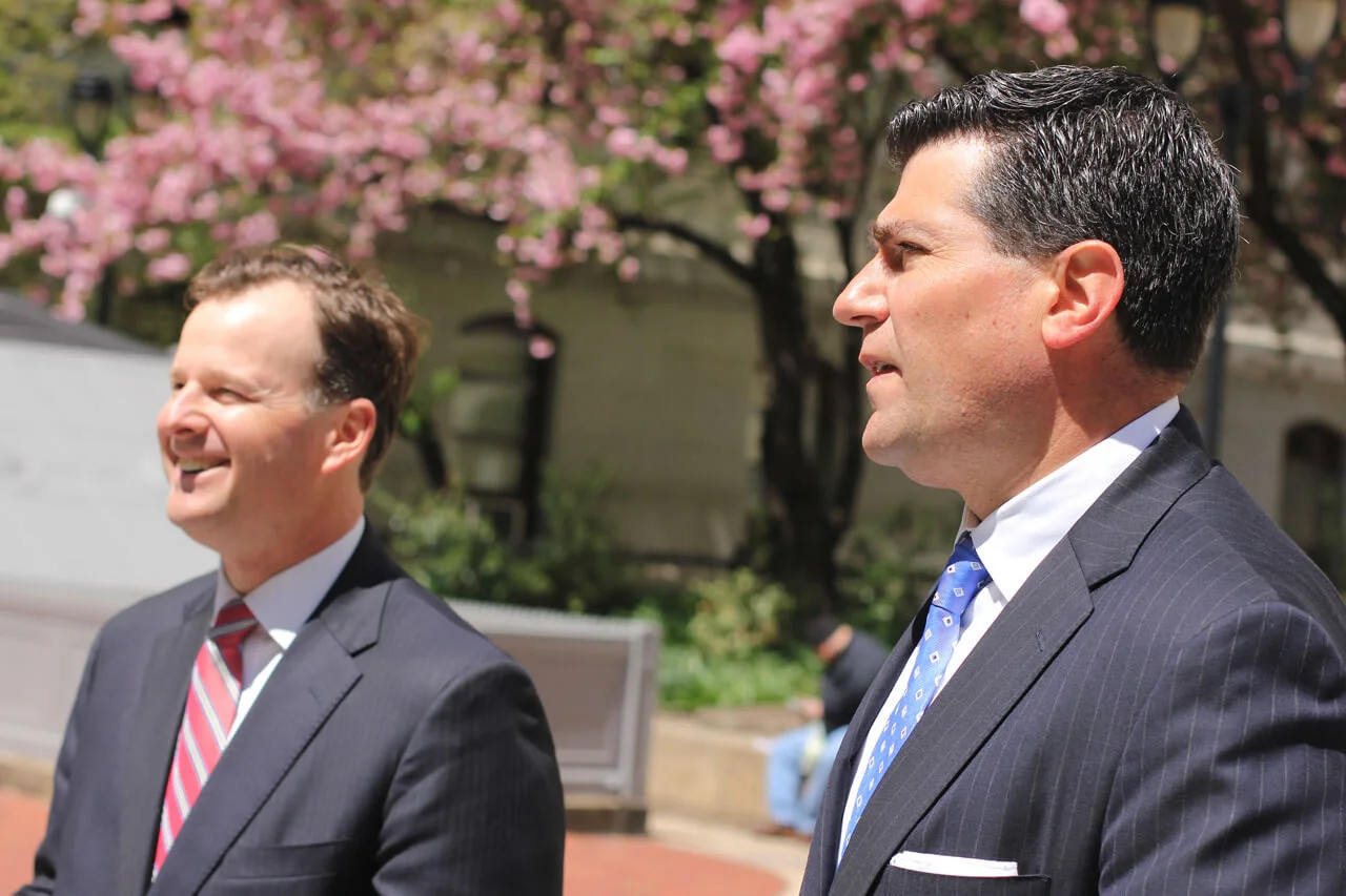 Philadelphia criminal defense lawyers Josh Scarpello and Pierre LaTour out in Philadelphia meeting people.