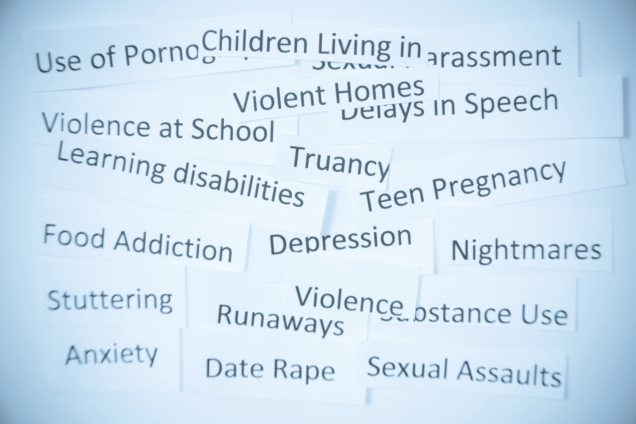 Multiple slips of paper listing many disorders, crimes and general problems.