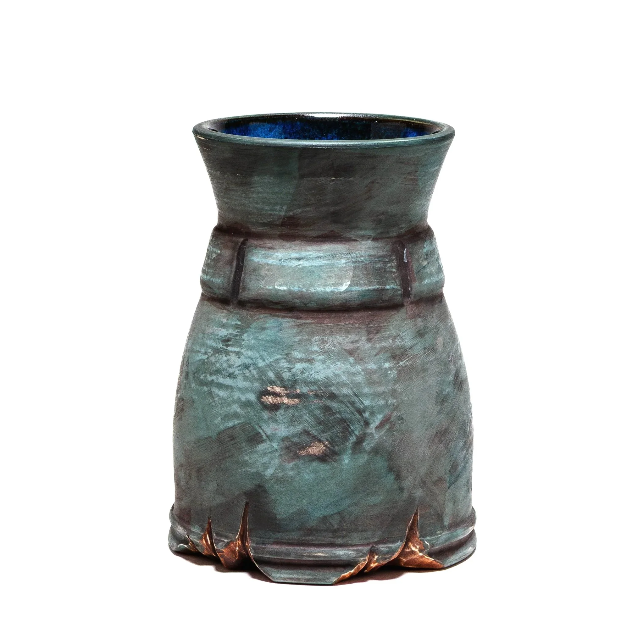A ceramic vase with a tapered shape, dark exterior, and a vibrant blue interior, with a glossy finish and subtle surface texture.