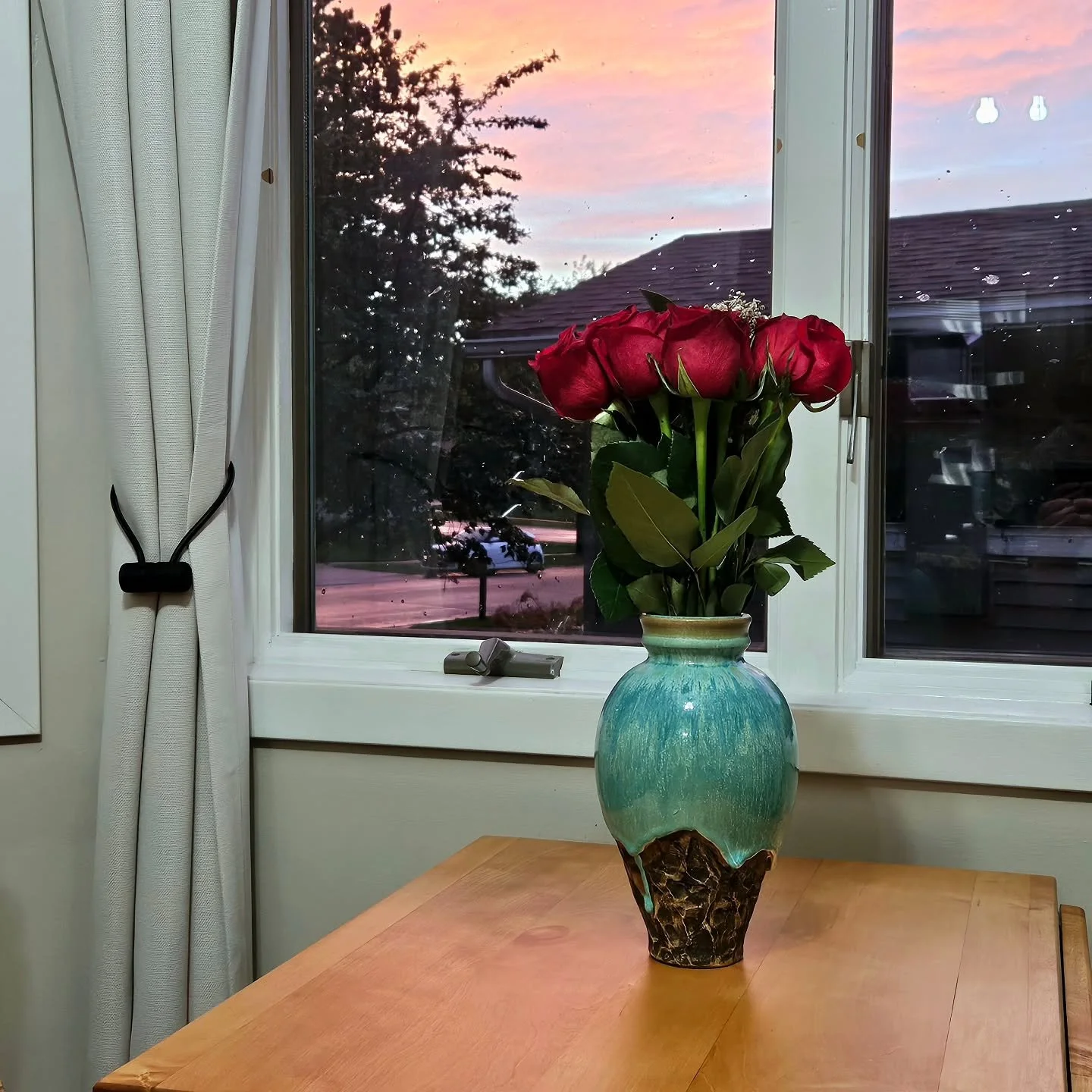 I've had this vase for 5 years and just now put flowers in it. The sky apparently took that as its cue to go all out. Solid timing from everyone involved.

#BetterLate #SunsetVibes #FlowersOfInstagram #CeramicsLife #HomeDecor