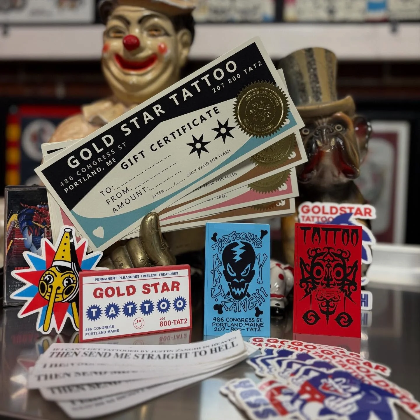 Happy Holidays party peoples!!!!!
Got gifts left to figure out? Look no further and head on down to 486 Congress street.
We&rsquo;ve got gift certificates that are good to use with any of the artists here. You&rsquo;ll also find the dopest shirts, pr