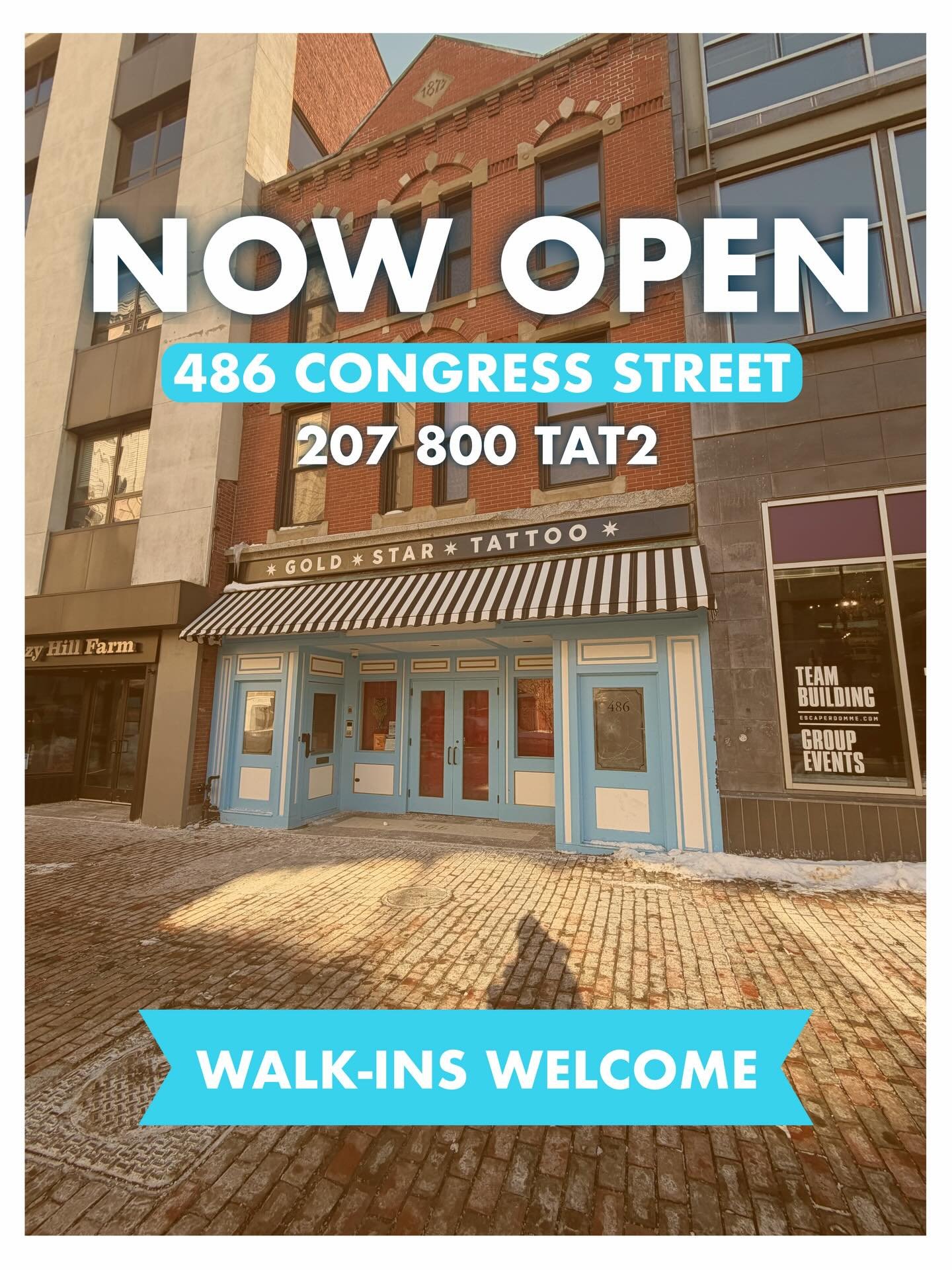 Good news good people of the world!
@goldstartattoo is open and rockin and rollin up at 486 Congress st just west of monument square. We&rsquo;ve got loads of original hand painted flash, original art and are conveniently located in the arts district