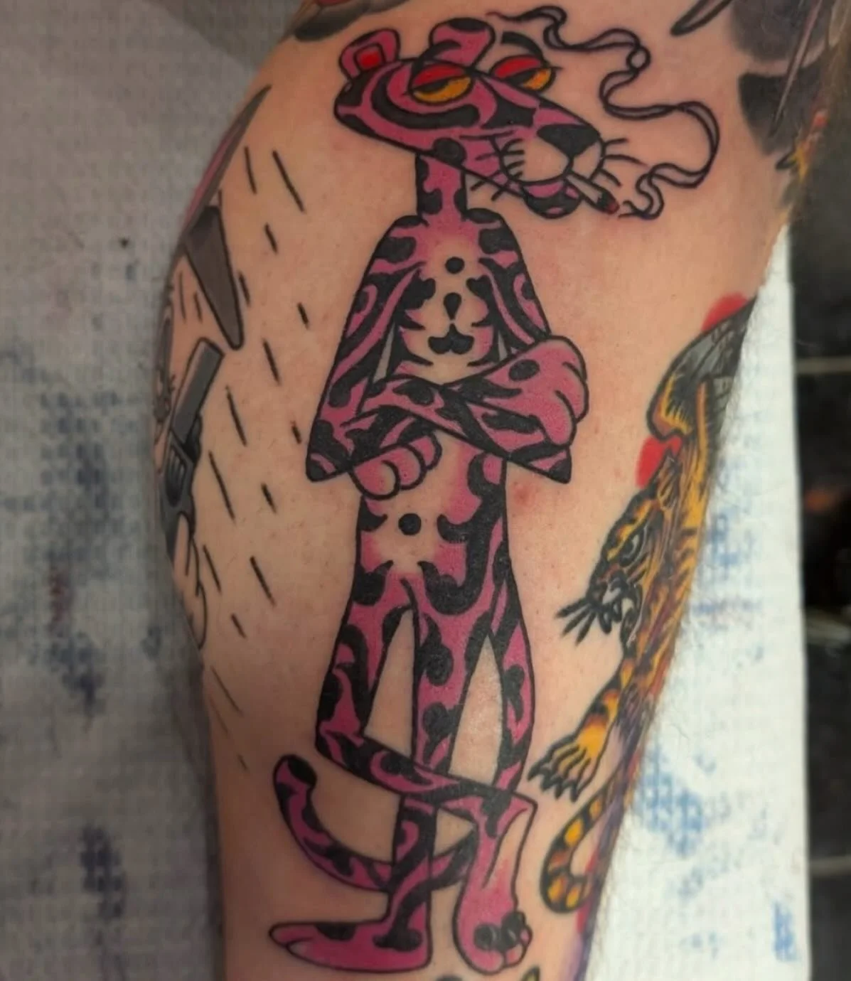 Who doesn&rsquo;t love a cool cat? Inked and pinked by our resident big cat specialist @jasonasaras the down east tiger king of tattooing. Get yours today!