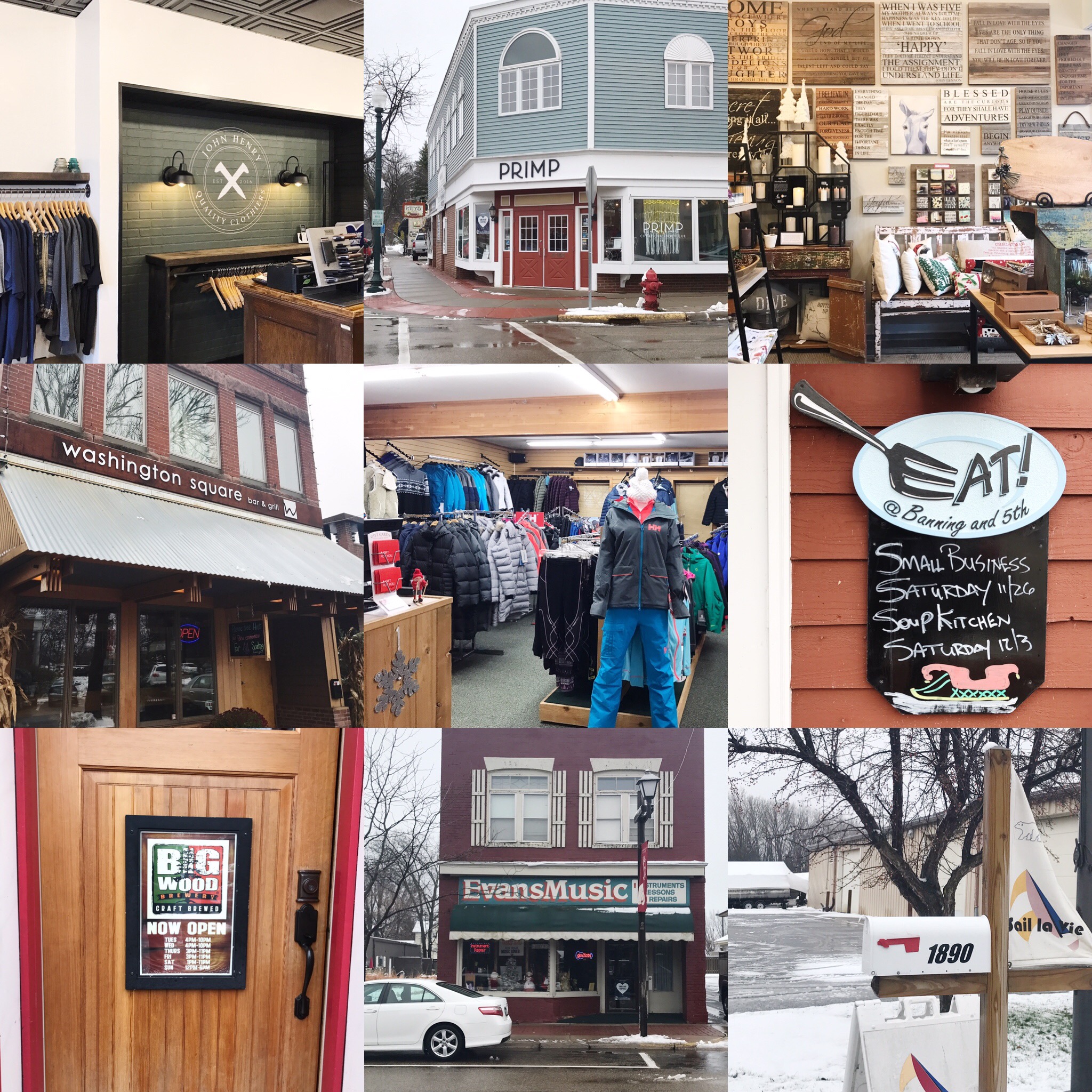 A few of our favorite shops in White Bear Lake (Left to right, top row) John Henry, Primp, Good Things. (middle row) Washington Square Grill, Hi Tempo, Eat! (bottom row) Big Wood Brewery, Evans Music, Sail la Vie.