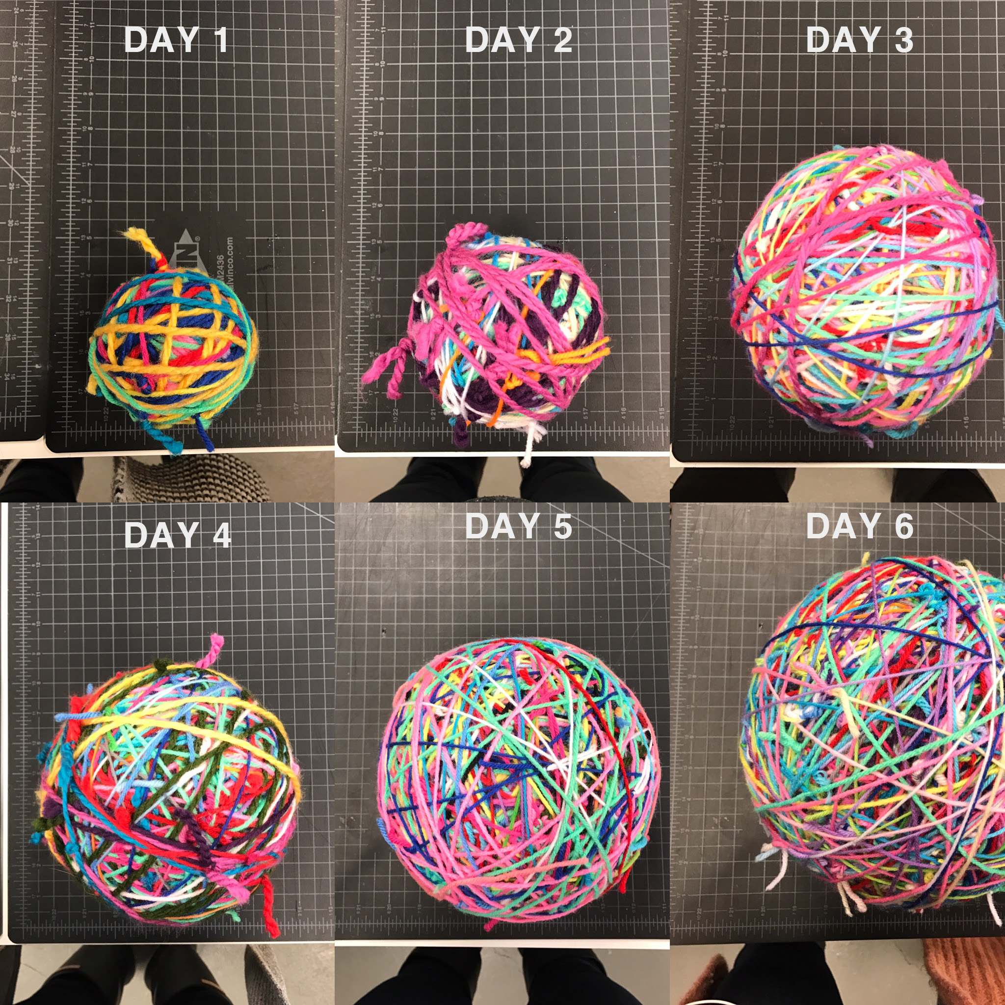 After cleaning up the mess, we set off to create the largest yarn ball we possibly could! Drawing inspiration from the World's Largest Ball of Twine in Cawker City, Kansas, we started tying pieces of yarn together and winding them into a ball. So far, we have a 9 inch yarn ball, and two bags of yarn to go!