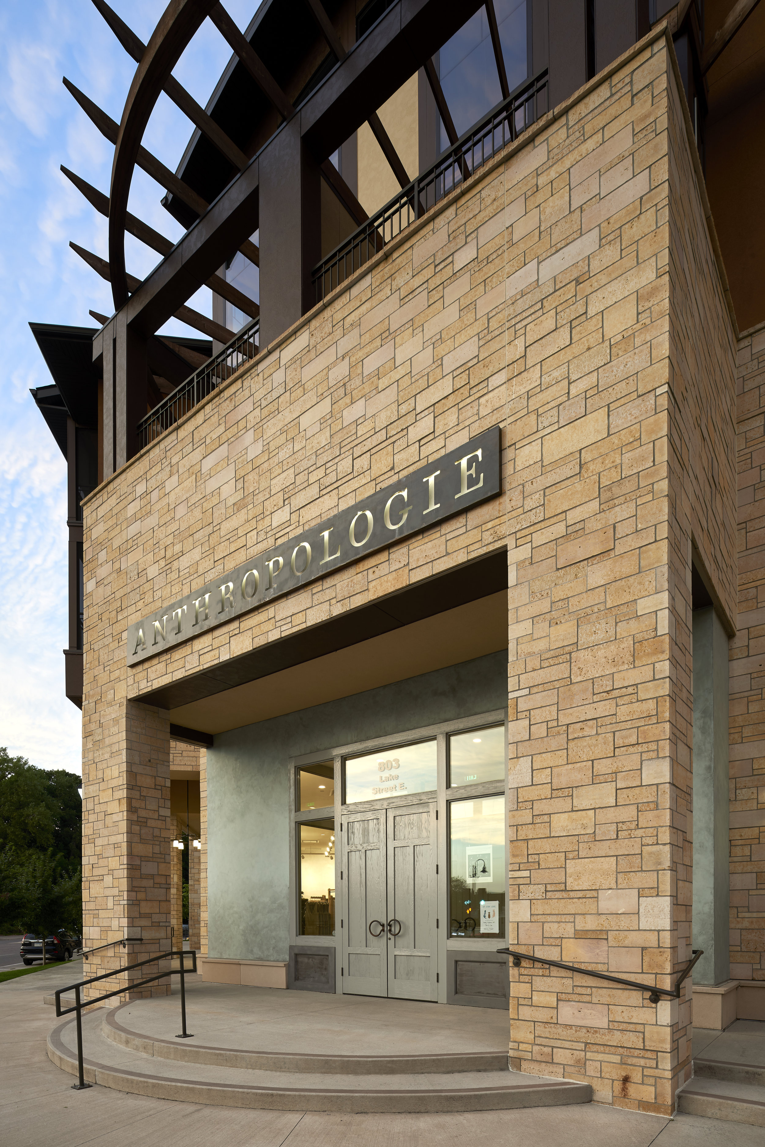 Exterior entry to Anthropologie in Wayzata, Minnesota, created in collaboration with NewStudio Architecture