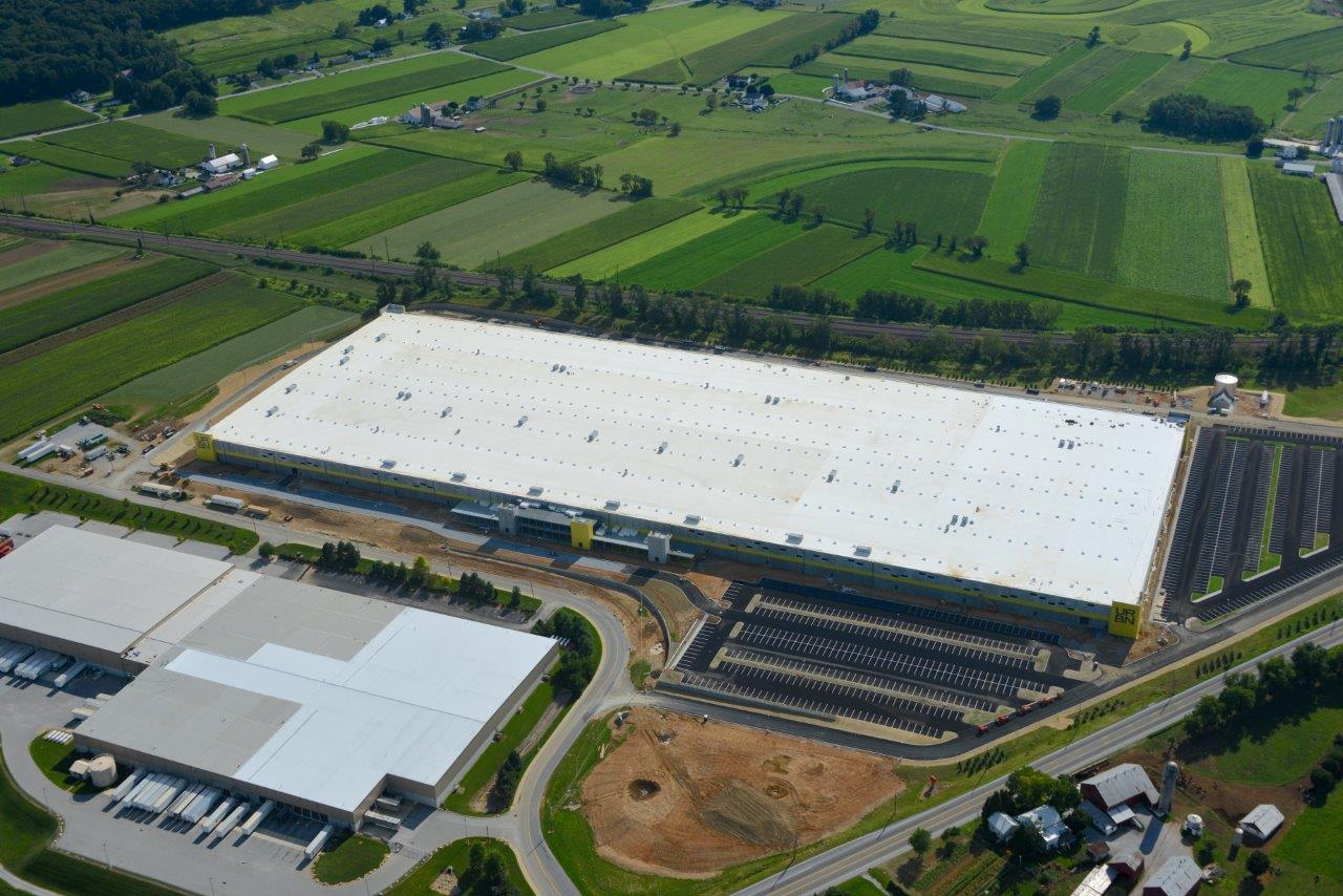 Aerial view of the URBN Internet Fulfillment Center, designed in collaboration with NewStudio Architecture
