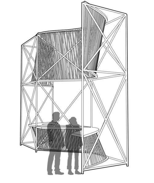 NewStudio Architecture's rendering of a temporary pavilion with a bar and overhead shade using scaffolding and ropes
