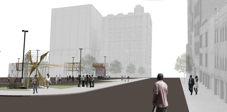 NewStudio Architecture's rendering of a temporary gathering space using scaffolding and ropes