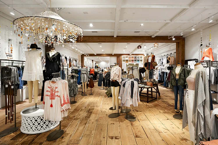 Wood plank floors reflect the Free People brand's aesthetic, created in collaboration with NewStudio Architecture
