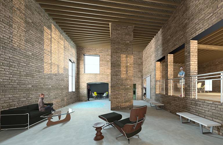 NewStudio Architecture's interior design rendering for The Mission building features reclaimed masonry work.