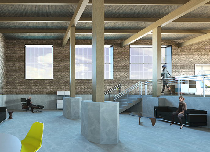 NewStudio Architecture's rendering of The Mission building features exposed brick work and ceilings.