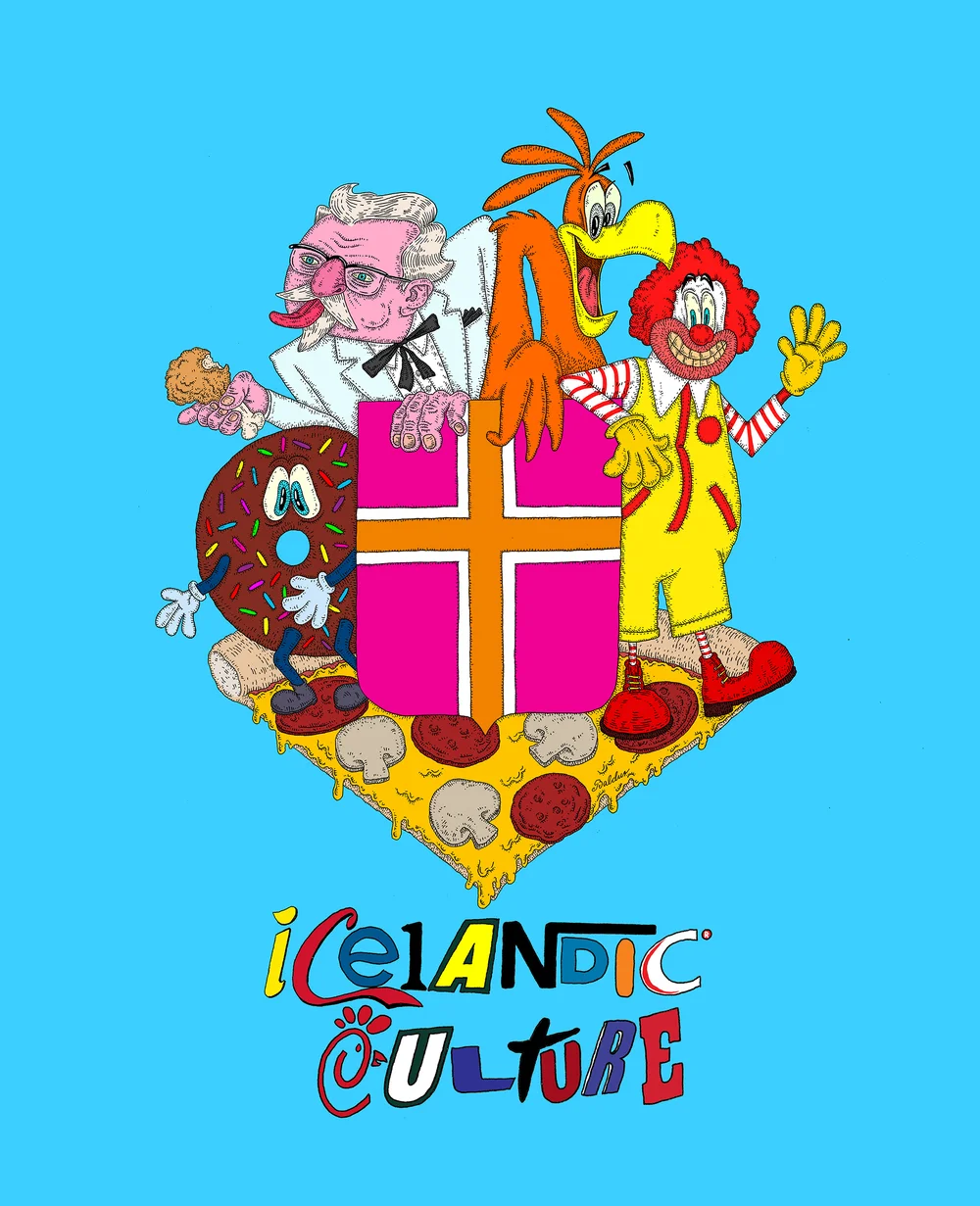 Cover Art and spot illustrations for Reykjavík Grapevine Magazine . The image is a reinterpretation of the Icelandic coat of arms through imagery, color and type of fast food chains as a response to the grand opening of the Iceland's first Dunkin Donuts and the rise and celebration of American Fast Food chains in the country. Art Director: Benedikt Hauksson