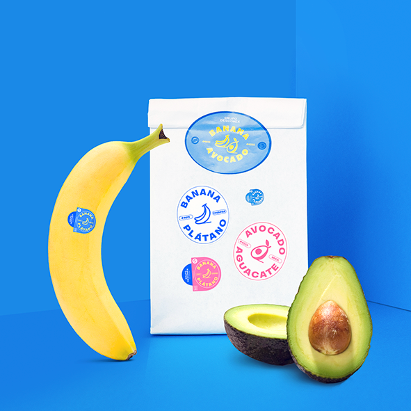 Minimal packaging design featuring banana and avocado with vibrant sticker branding system