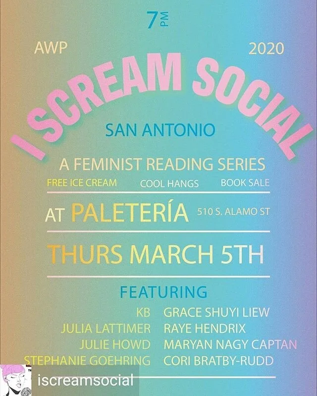 Got plans for tomorrow afternoon? If not swing by @7 p.m for some Poetry and Paletas!! #paletaSA 
Reposted from @iscreamsocial 🍦✨Attending #AWP20 ? Join us on Thursday, 7pm at @paleteriasanantonio for a stellar feminist reading with I SCREAM SOCIAL 