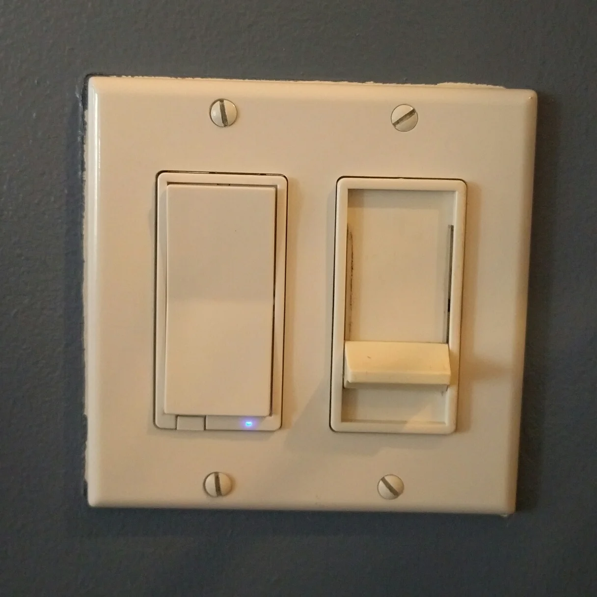 The switch on the left is internet enabled, but both of these dimmers work as you'd expect when you press them, regardless of connectivity. Excuse the paint job.