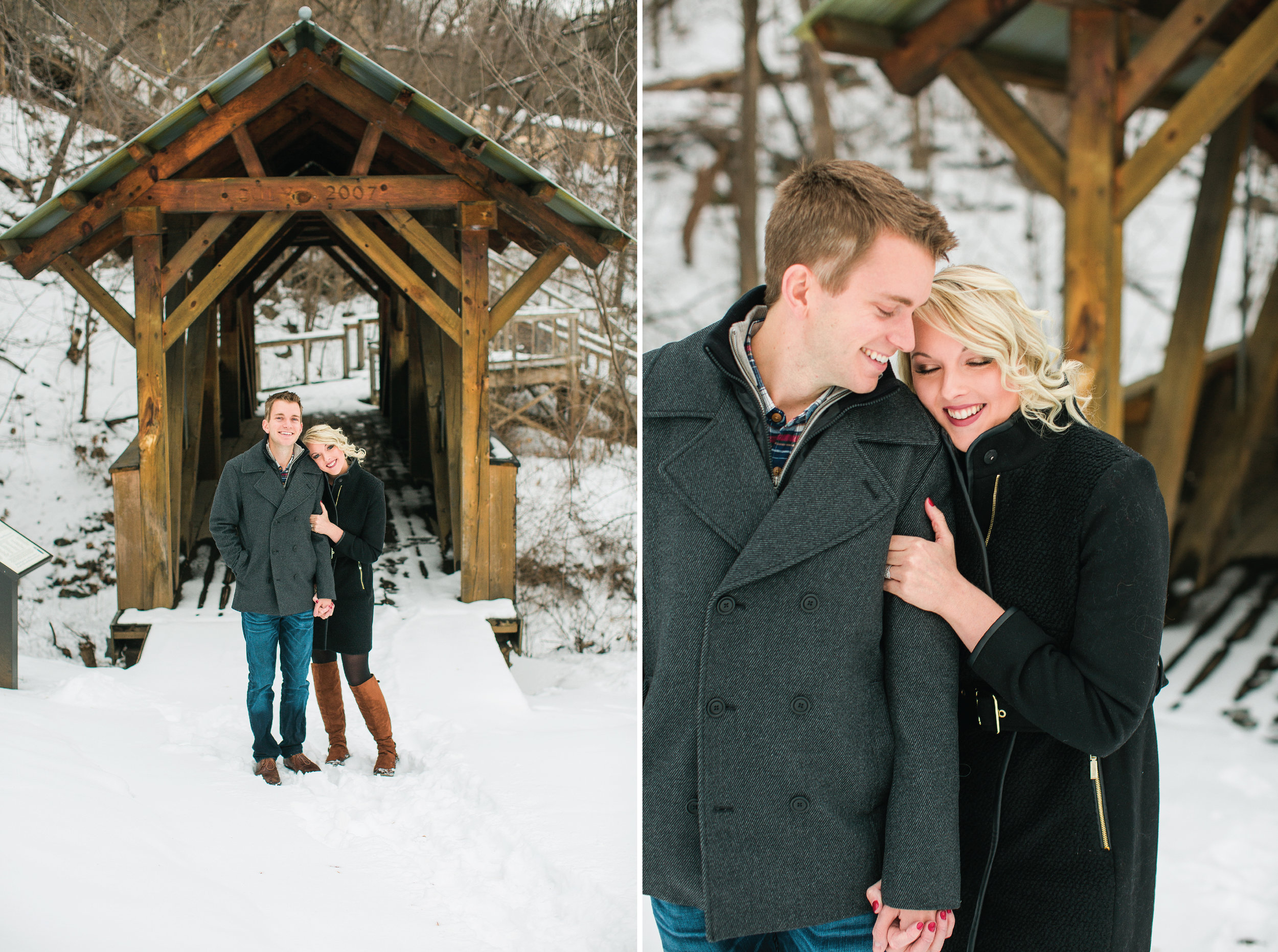 Minnesota couple for engagement photos in Taylors Falls in front of bridge and cuddling in winter coats