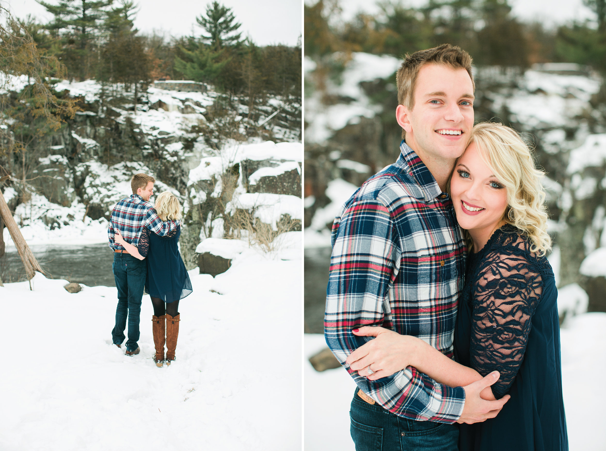 Minnesota snowy winter engagement photos in Taylors Falls Minnesota smiling and joyfully enjoying the scenery