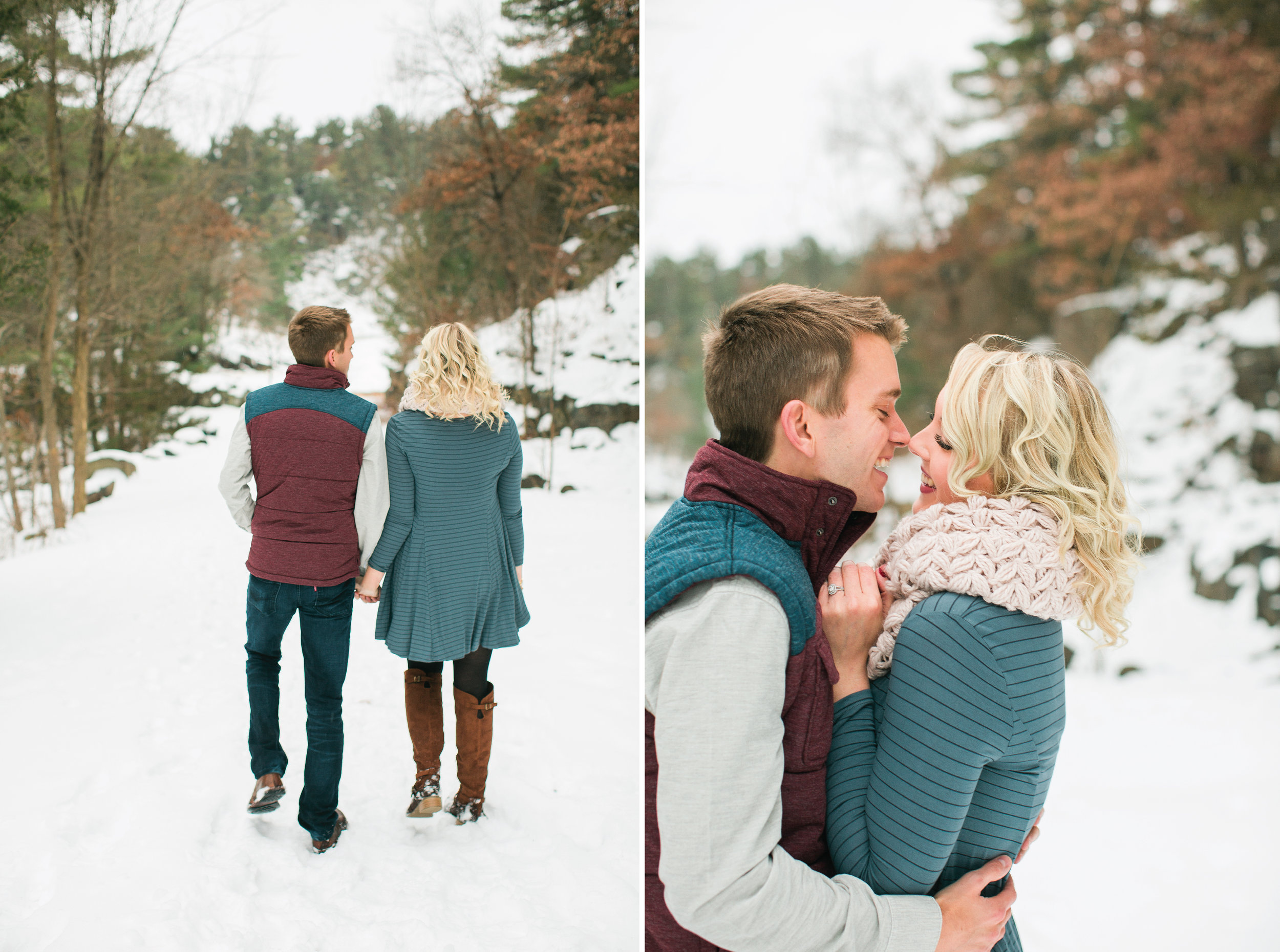 Minnesota snowy winter engagement photos in Taylors Falls woods walking and snuggling