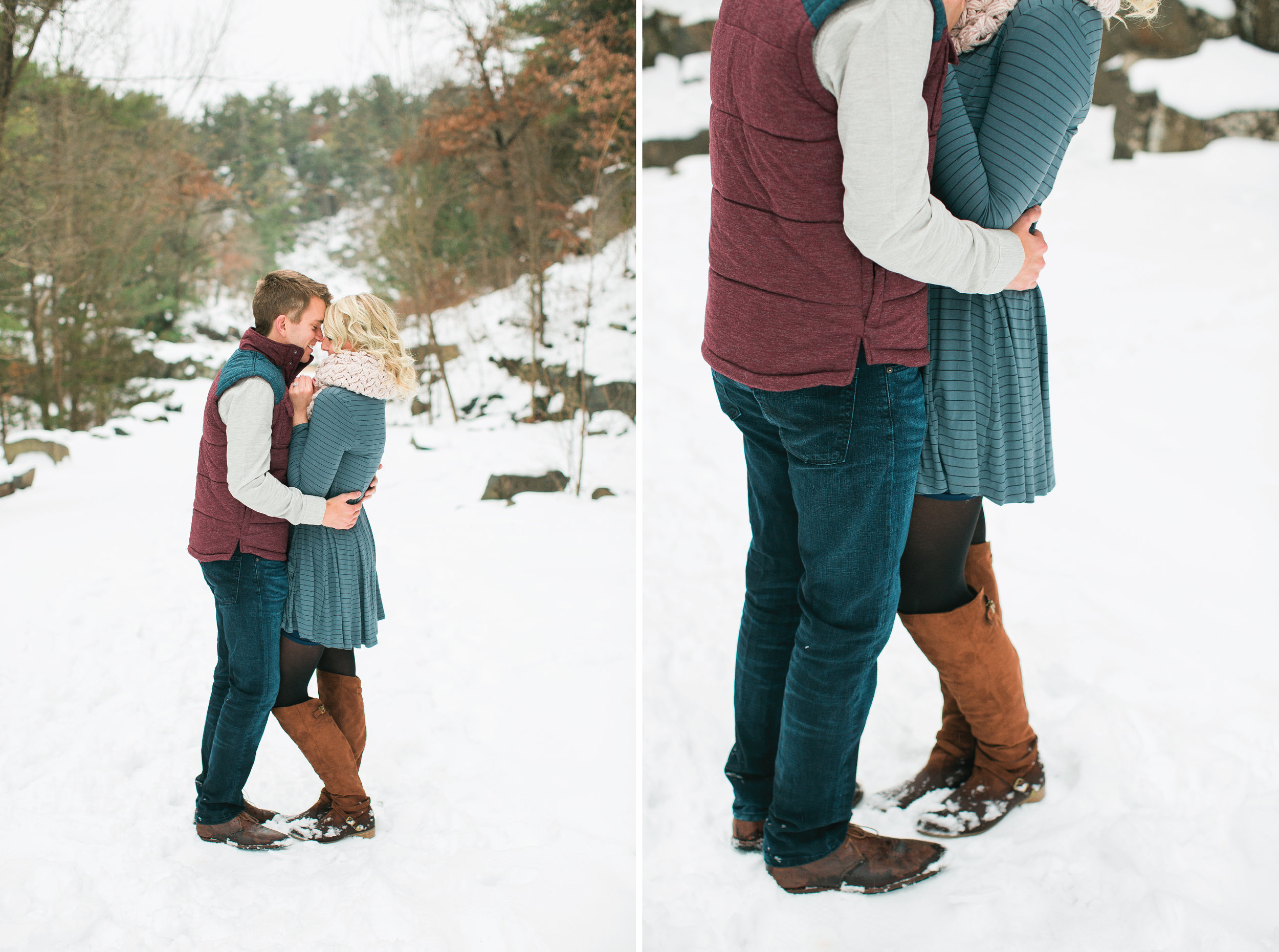 Taylors Falls Minnesota snowy winter engagement session in the woods with couple kissing