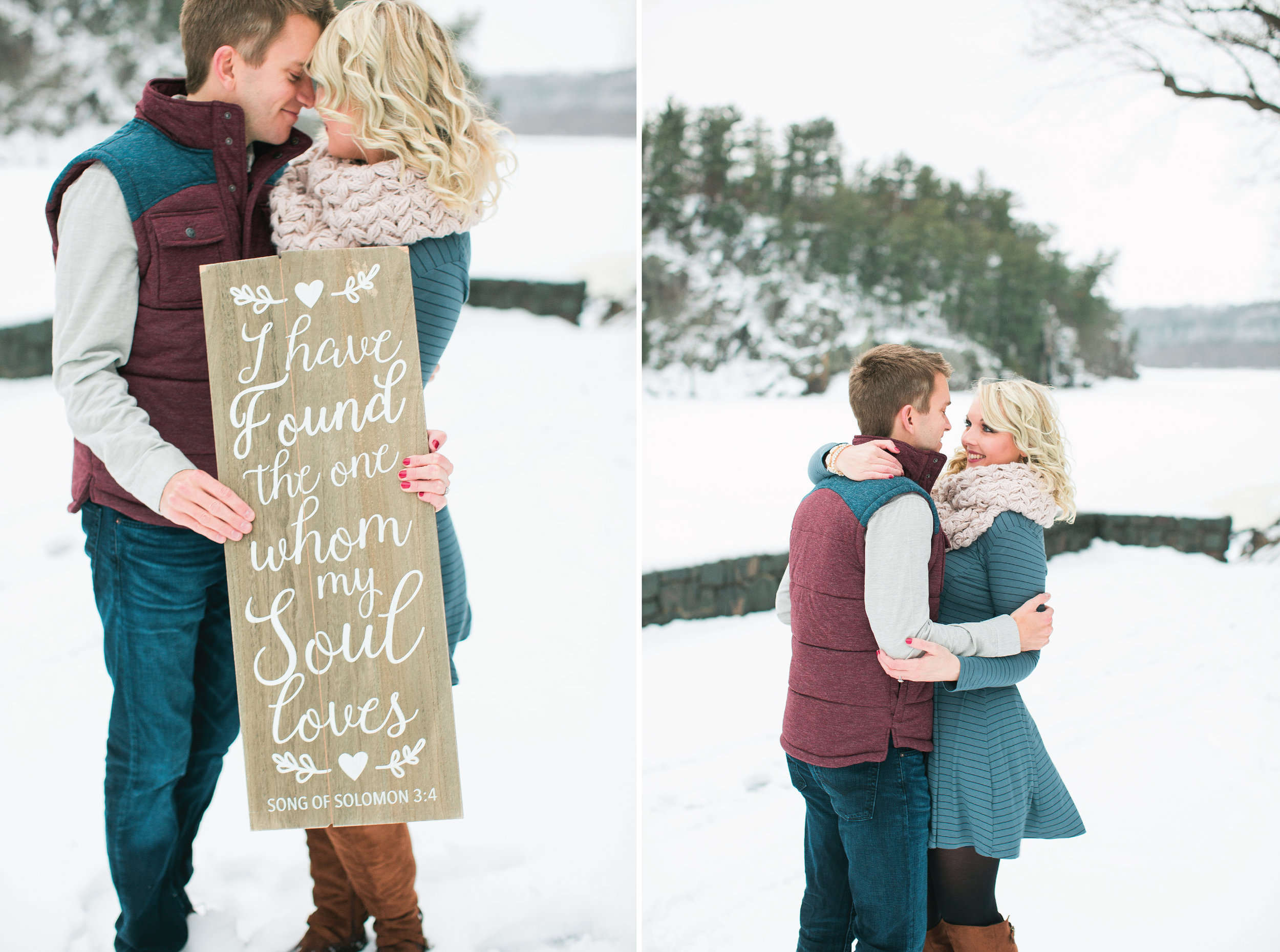 Taylors Falls Minnesota winter snowy engagement session couple holding love sign