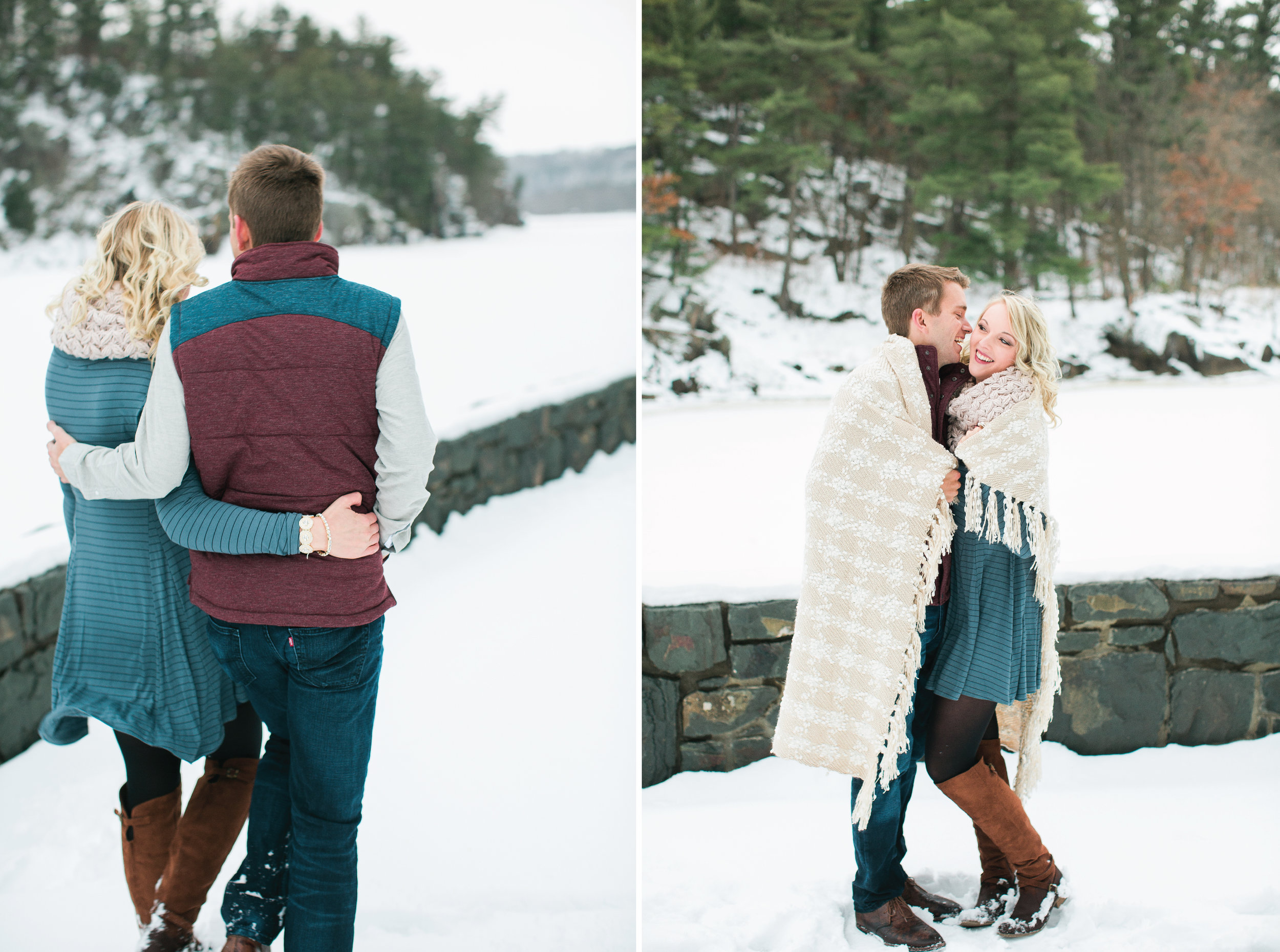 Taylors Falls Minnesota snowy winter engagement session couple with blanket wrapped around them