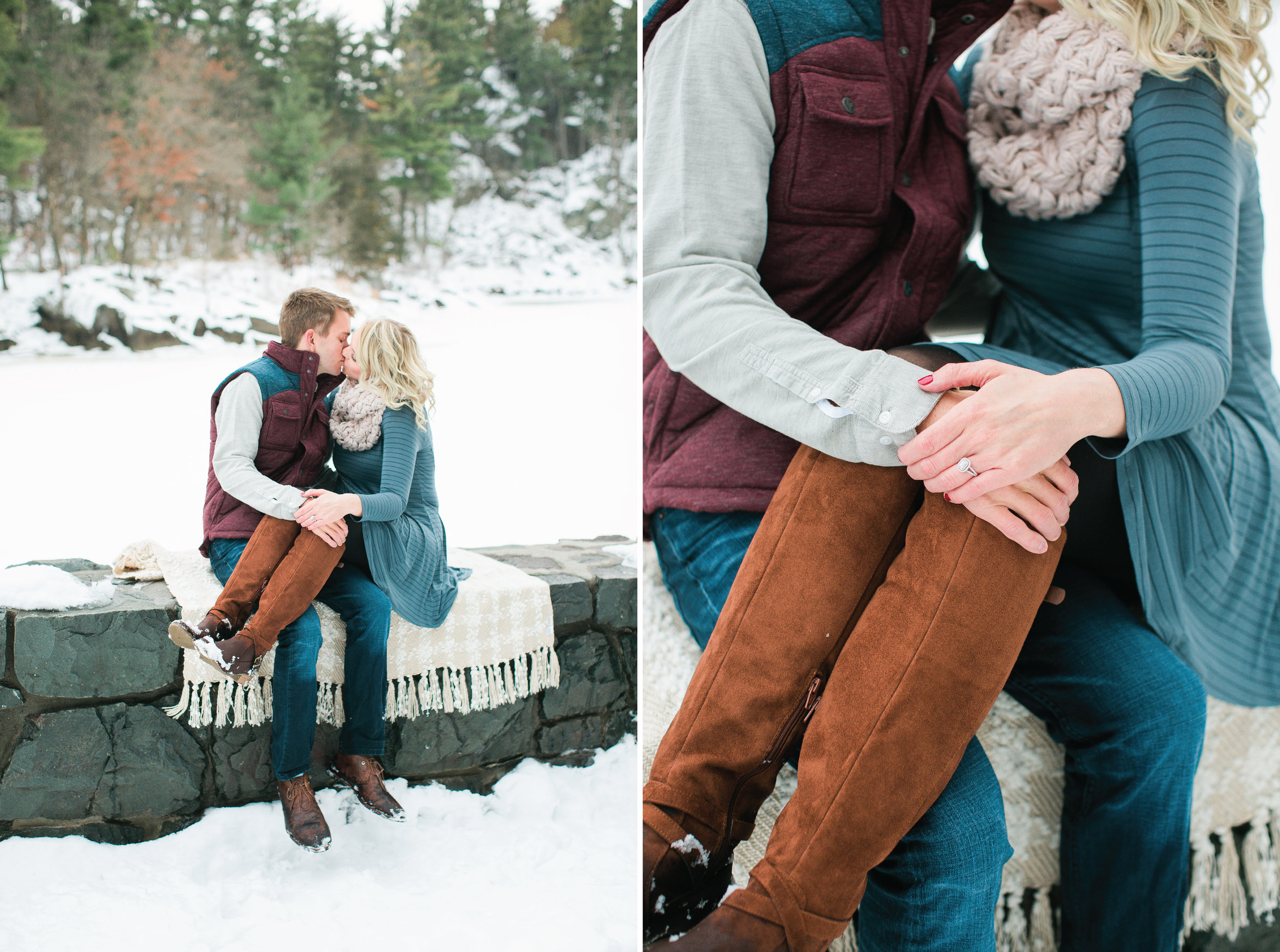Taylors Falls Minnesota snowy winter engagement session with couple sitting 