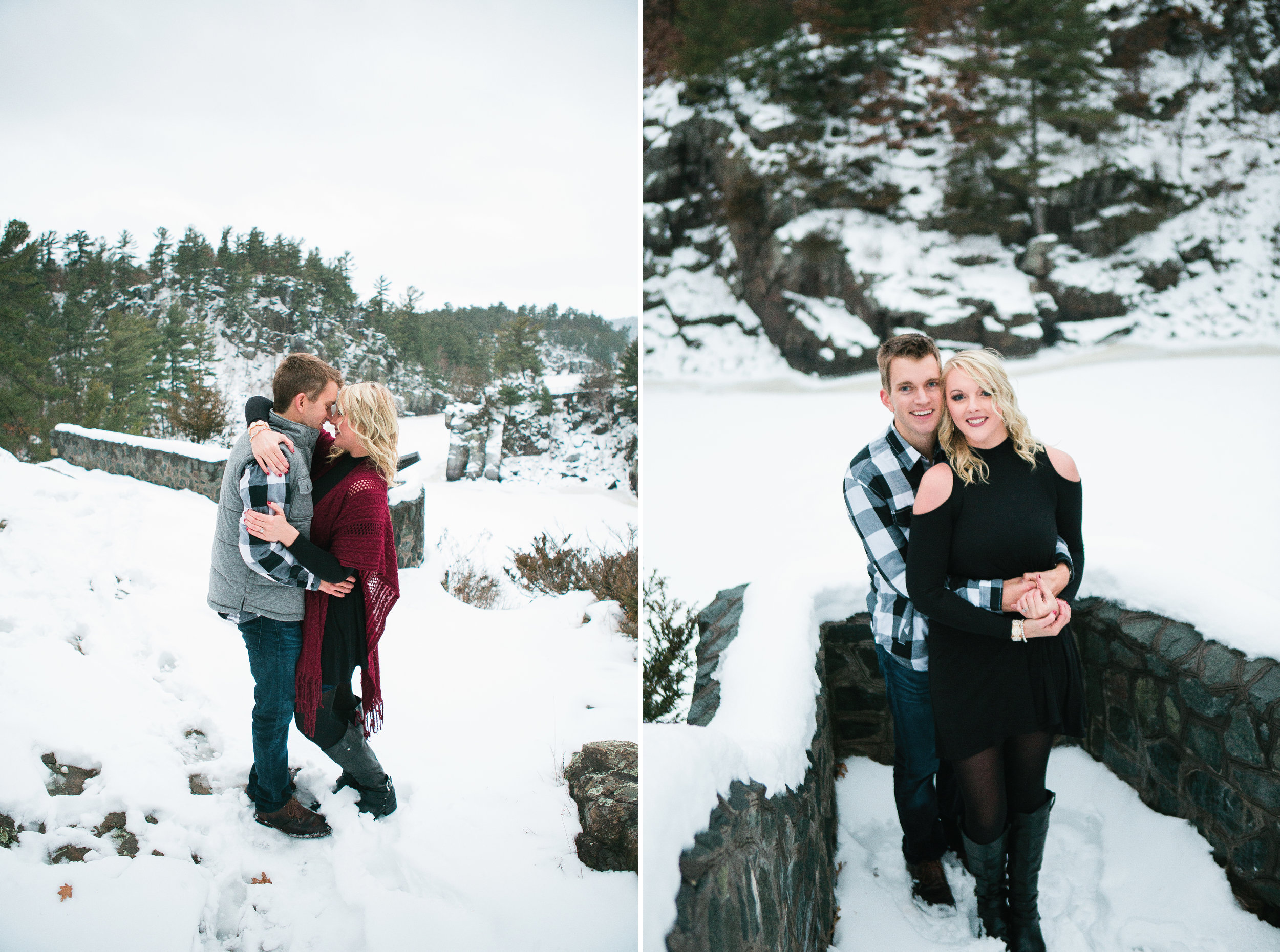 Snowy Minnesota Taylors Falls winter engagement photos on bluff overlooking river and woods