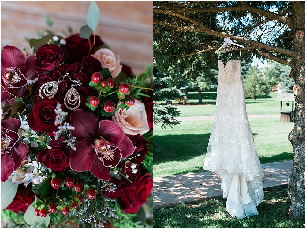 Minnesota summer wedding dress hanging in tree and burgundy wine bride bouquet