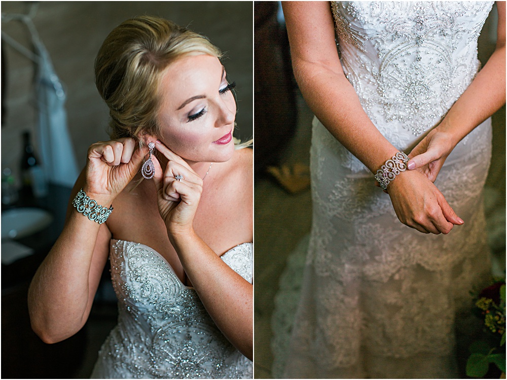 Bride getting ready for Minnesota summer wedding day in black and white detail of back of dress