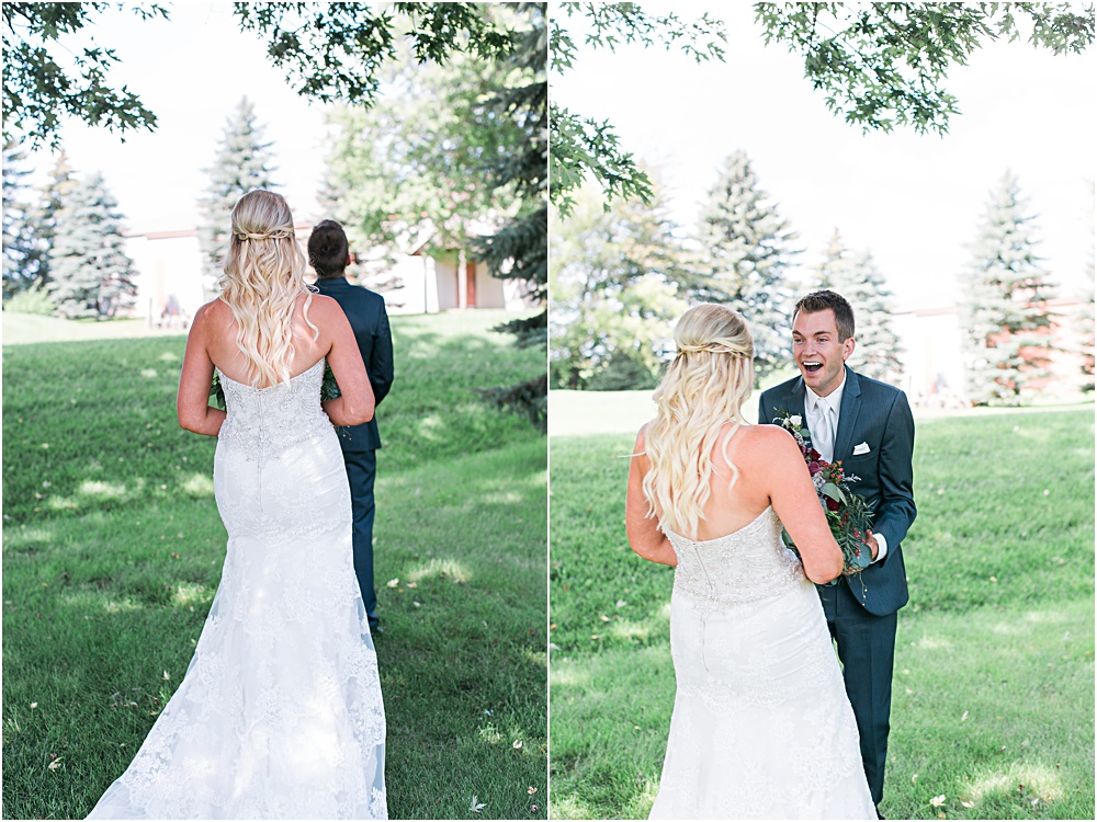 Minnesota summer wedding first look outside with bride and groom touching reactions