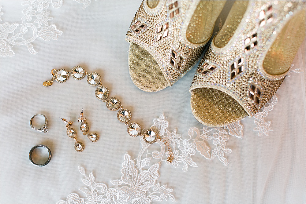 Beautiful bridal details of shoes, jewelry and rings at Minnesota summer wedding