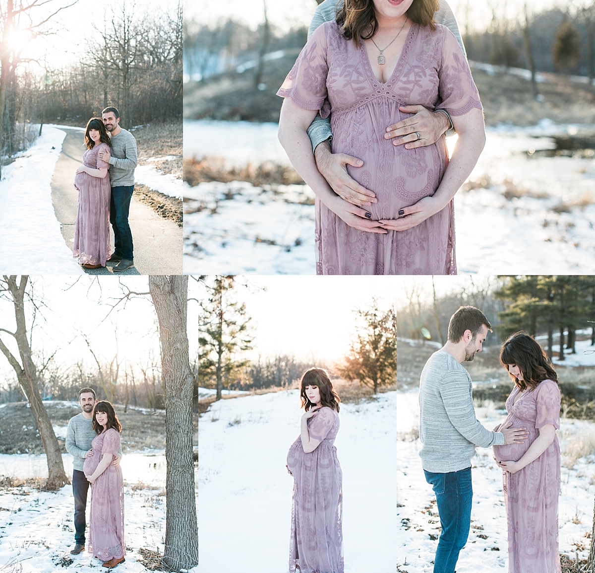 Maternity photography session with mom in pink lace dress and dad during winter at sunset Minnesota maternity photographer Mallory Kiesow Photography