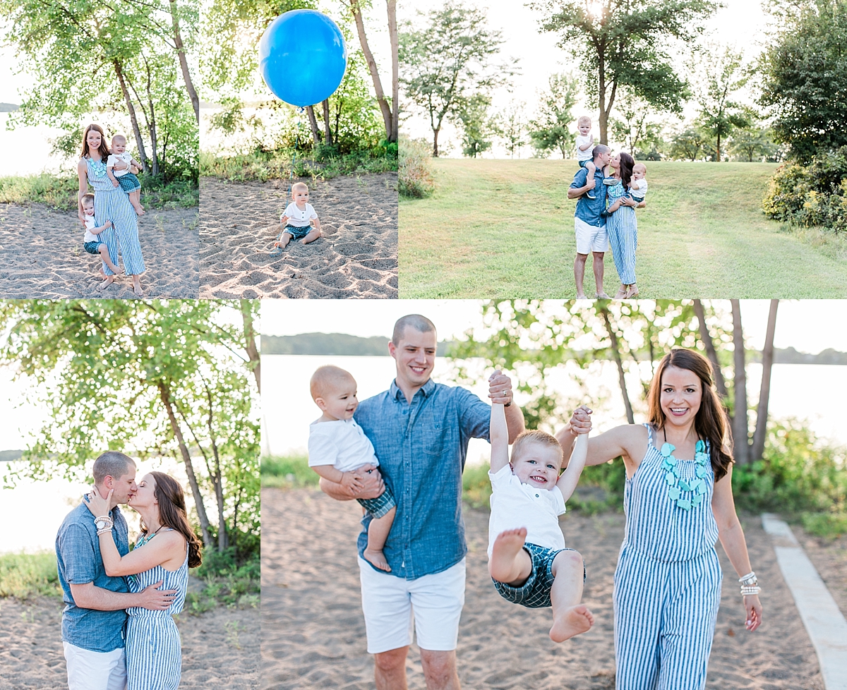 Summer family session with mom, dad, toddler and baby turning one with blue balloon on beach lakeside Minnesota family photographer Mallory Kiesow Photography