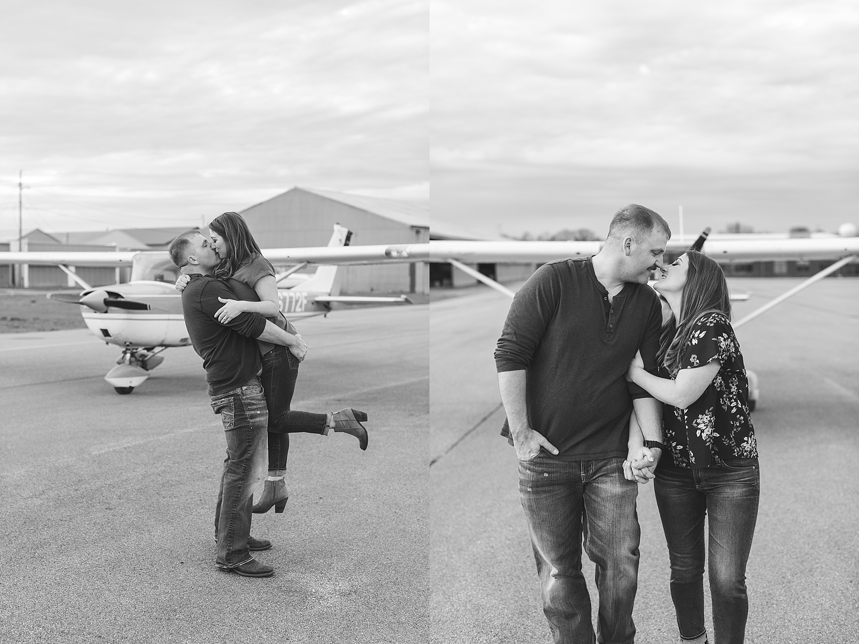 Minnesota airplane engagement session flying cloud airport black and white couple walking