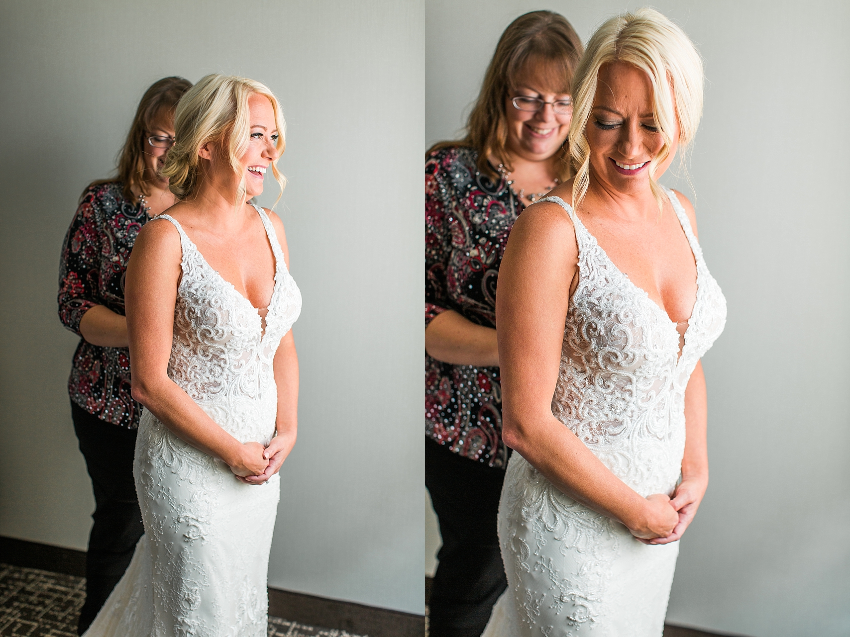 Bride getting wedding dress buttoned for wedding at the Chart House Summer Wedding Lakeville Minnesota Minneapolis Wedding Photographer Mallory Kiesow