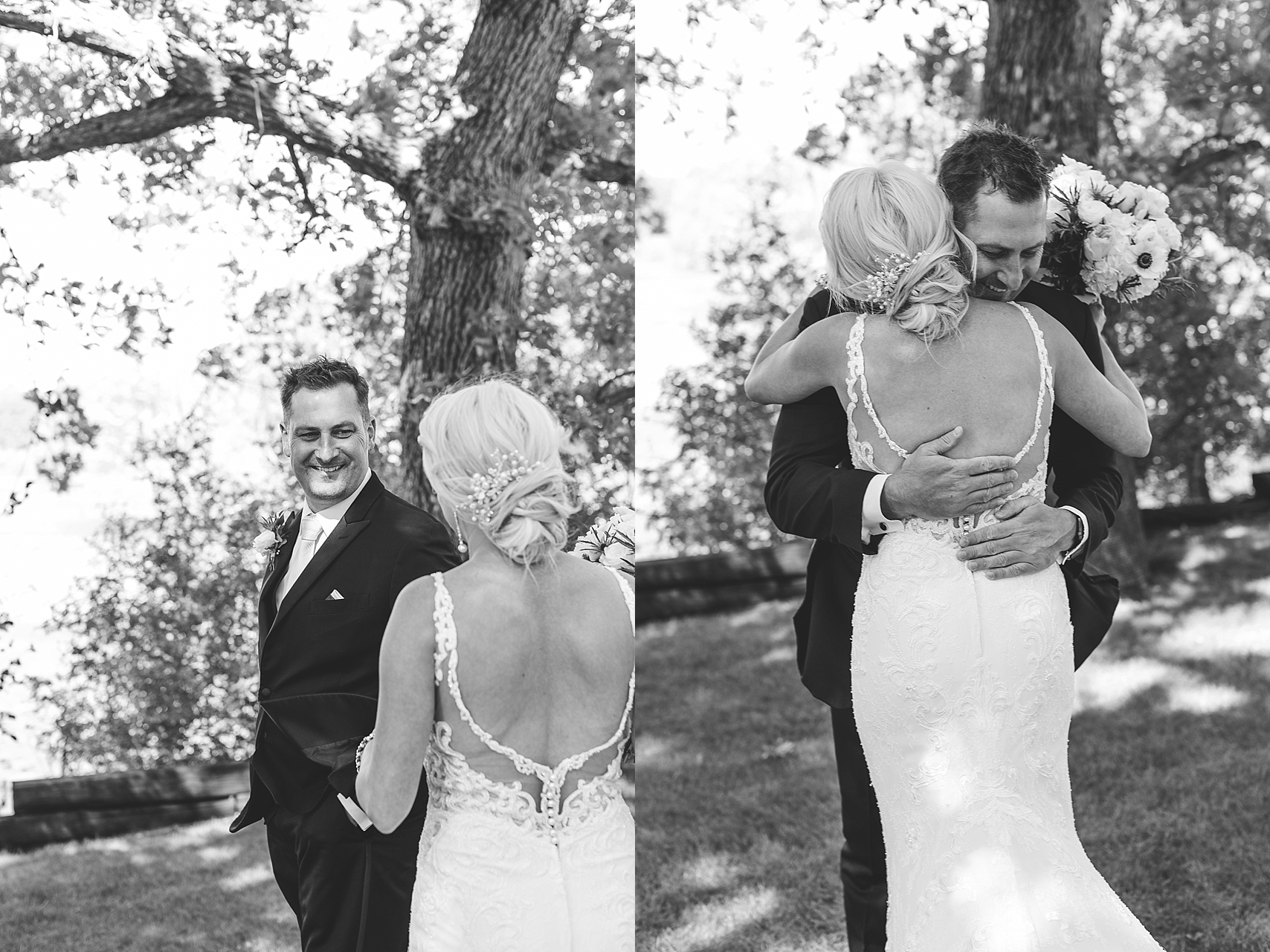 Groom's reaction to seeing bride in first look for wedding at the Chart House Summer Wedding Lakeville Minnesota Minneapolis Wedding Photographer Mallory Kiesow