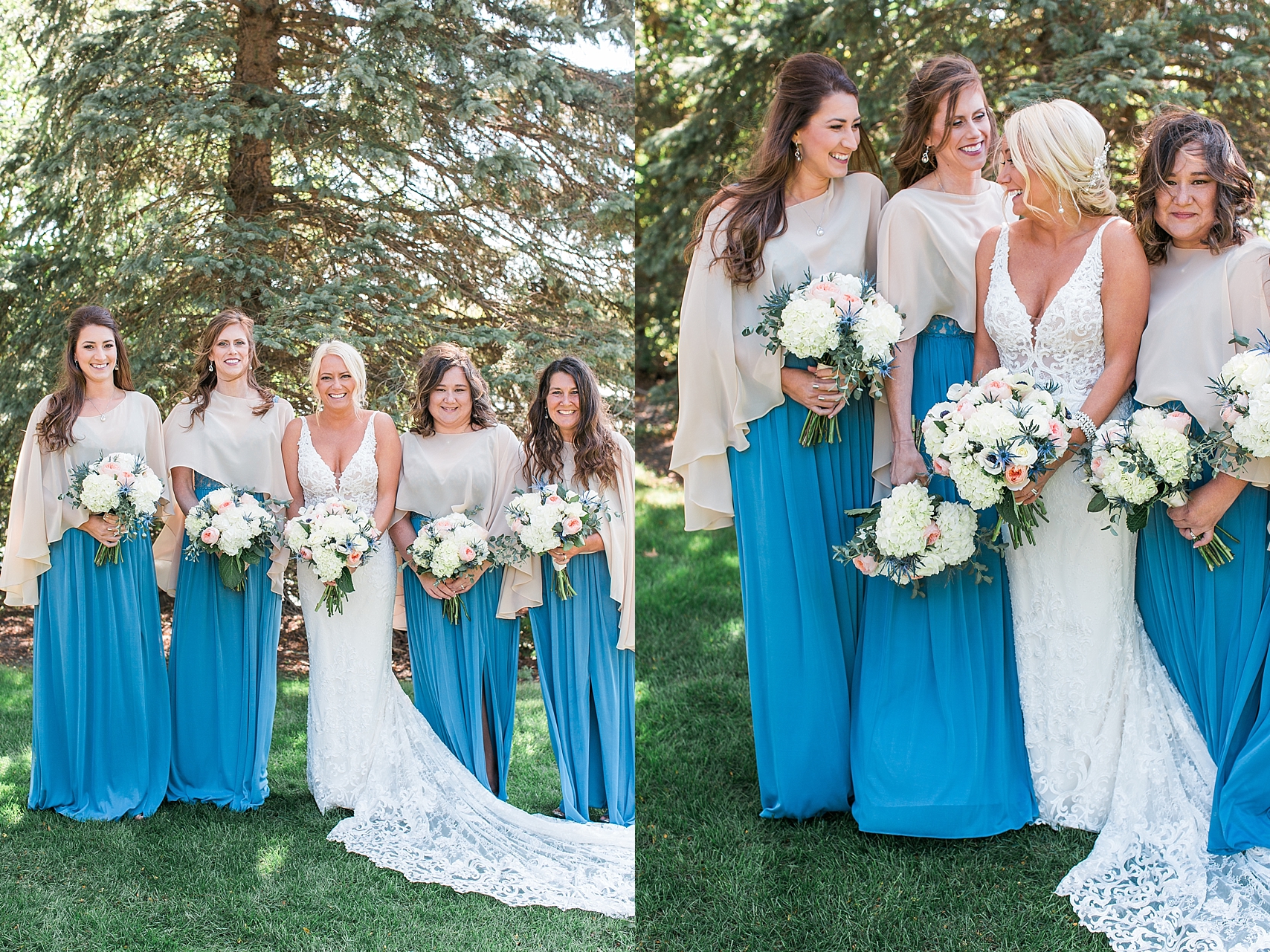 Bride and bridesmaids in blue dresses on wedding day at the Chart House Summer Wedding Lakeville Minnesota Minneapolis Wedding Photographer Mallory Kiesow